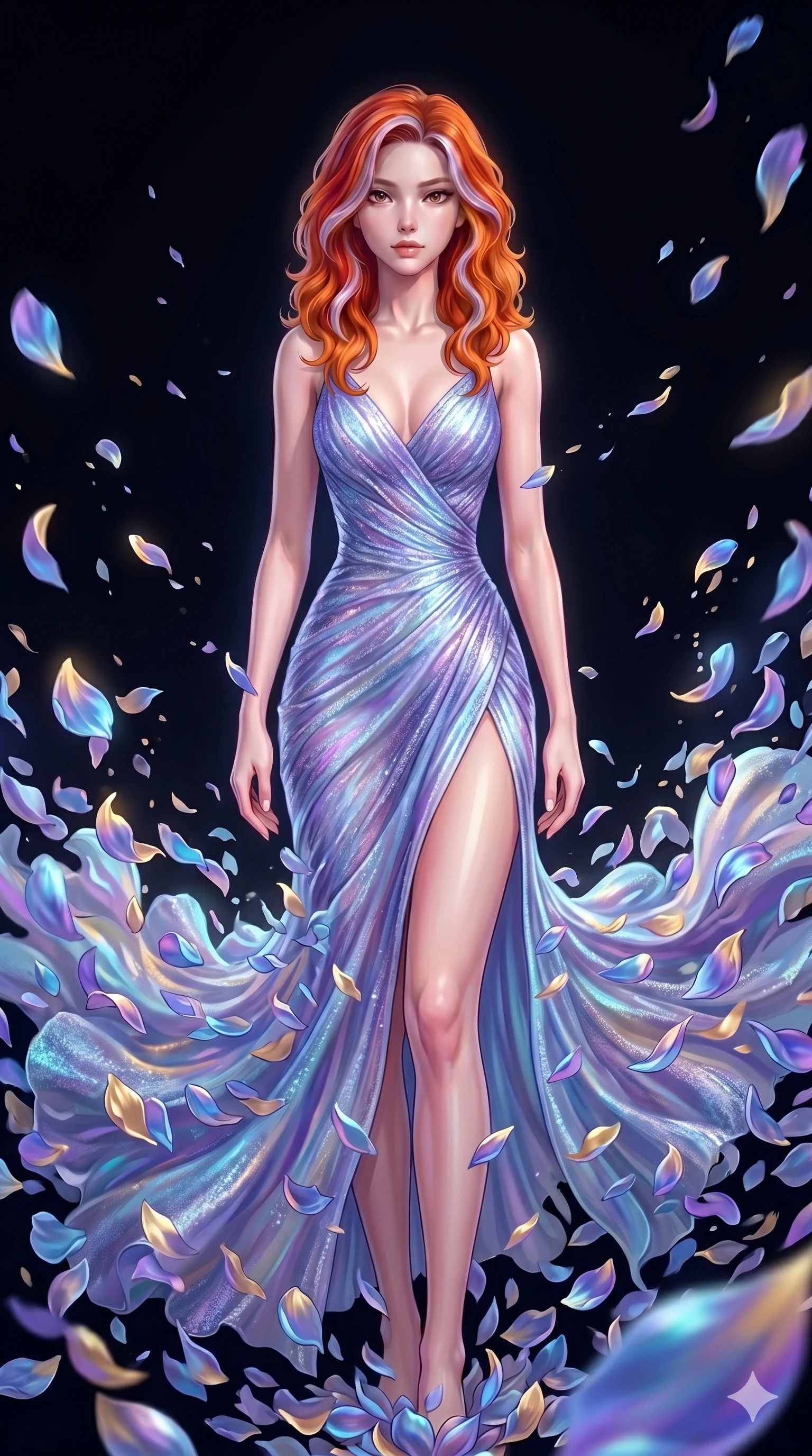 score_9, masterpiece, best quality, ultra-detailed, High-budget Anime Keyframe, East Asian woman. Low angle cowboy shot filling the entire 9:16 frame with her statuesque presence. Scenario 111: Dissolving into a cloud of iridescent silk petals in a void. Her presence is magnetic and overpowering in this high-budget anime scene. Outfit 111: A shimmering chiffon dangerous with a thigh-high slit and tight-fitting silhouette. The clothing is designed to emphasize her exceptionally tall and slender 8-heads proportion. 8-heads proportion, towering silhouette, ultra-slim waist. sharp v-shaped jawline, intricate jewel-like eyes with depth, thick eyelashes, glossy lips. 2k, ultra detail, master piece, 9:16 ratio