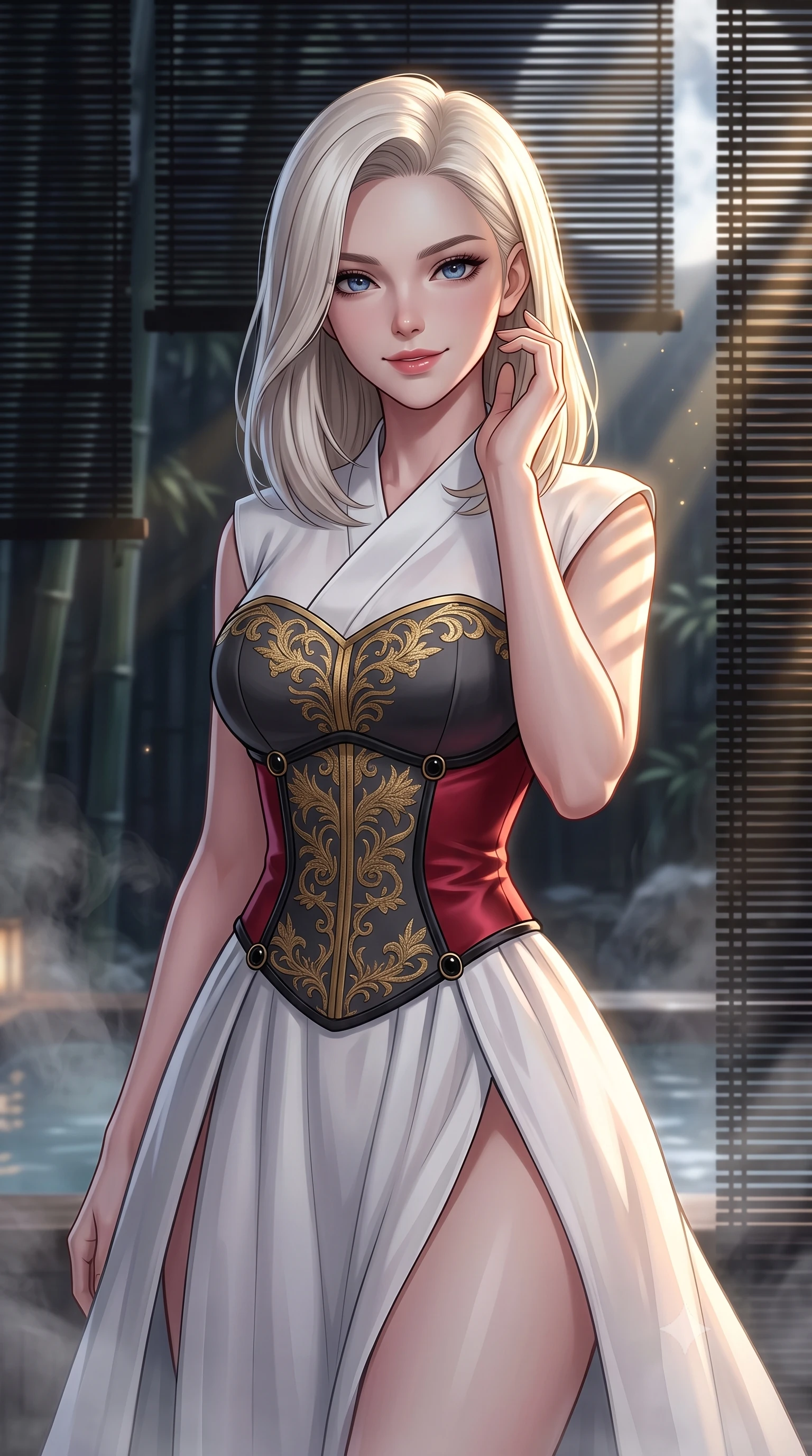 score_9, masterpiece, best quality, ultra-detailed, high-budget anime keyframe, editorial fashion photography, tasteful artistic composition, Caucasian woman. close-up cowboy shot from the waist and thighs up, the character dominates the composition, filling the frame with her large presence, background elements kept in soft focus. Smiling with quiet, magnetic self-assurance directly into the camera, looking back with a serene, magnetic gaze through swirling thermal mist, dark bamboo screen filtering soft silver moonlight into delicate shadow stripes. She has an exceptionally elegant, slender, and willowy female figure with an ultra-slim waist, a gracefully sculpted slender torso, and a refined silhouette. sharp v-shaped jawline, high-bridge nose, intricate jewel-like eyes with depth, thick eyelashes, glossy lips with a natural sheen. wearing modern fusion white hanbok dress with structured gold-embroidered bodice in dark charcoal gray, made of soft crimson satin, adorned with minimalist black onyx hardware framing the silhouette, sculpting her athletic slender build with refined precision. lit by low-key golden rays piercing through dark bamboo shadows. highly saturated vibrant anime colors, detailed shading with soft gradients, rich glossy textures, high-contrast stereoscopic depth, volumetric dynamic lighting, master piece, 9:16 ratio