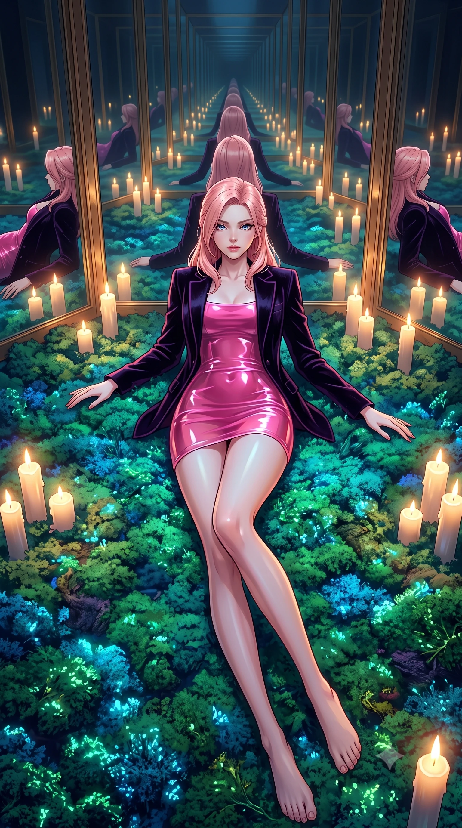 score_9, masterpiece, best quality, ultra-detailed, High-budget Anime Keyframe, East Asian woman. Dynamic full-body shot stretching the vertical silhouette to the limit. Scenario 462: lying gracefully on a bed of bioluminescent moss inside a hall of mirrors reflecting infinite silhouettes in warm candlelight. Her presence is magnetic and overpowering in this high-budget anime scene. Outfit 462: a body-hugging hot pink translucent PVC mini dress layered under a structured velvet blazer. The clothing is designed to emphasize her exceptionally tall and slender 8-heads proportion. 8-heads proportion, towering silhouette, ultra-slim waist. sharp v-shaped jawline, intricate jewel-like eyes with depth, thick eyelashes, glossy lips. 2k, ultra detail, master piece, 9:16 ratio