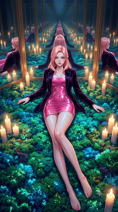 score_9, masterpiece, best quality, ultra-detailed, High-budget Anime Keyframe, East Asian woman. Dynamic full-body shot stretching the vertical silhouette to the limit. Scenario 462: lying gracefully on a bed of bioluminescent moss inside a hall of 