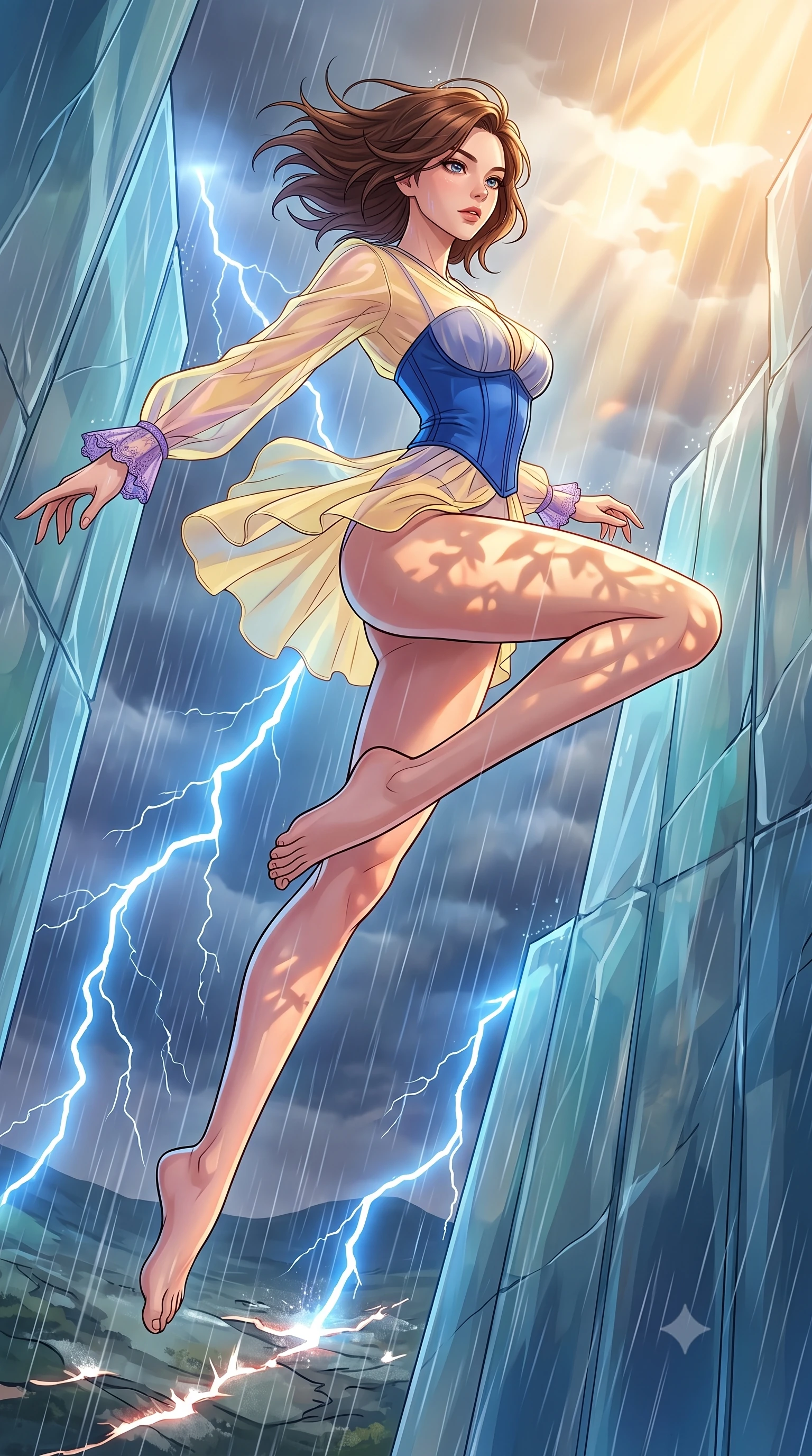 score_9, masterpiece, best quality, ultra-detailed, high-budget anime keyframe, clean line-art, cel-shading, Korean woman. low angle full-body shot from head to toe showing her feet, filling the entire 9:16 vertical frame with her statuesque presence, stretching her vertical silhouette. leaping dynamically high in the air while slicing forward with wind-whipped hair through translucent glass cliffs during a violent thunderstorm, arcs of blue lightning striking the ground and leaving white-hot scars. She has a statuesque 8.5-heads proportion, an exceptionally tall, slender and willowy model-like build with impossibly long legs and a highly sculpted ultra-slim waist. sharp v-shaped jawline, high-bridge nose, intricate jewel-like eyes with depth, thick eyelashes, glossy lips with a natural sheen. wearing the lightweight fabric rippling and billowing dramatically with her movement, a slim-fit transparent organza blouse in pastel yellow with purple lace cuffs, layered over a structured cobalt blue corset. warm golden afternoon sunbeams casting soft organic leaf shadows across her skin. highly saturated vibrant anime colors, intense vivid color palette, volumetric dynamic lighting, 2k, ultra detail, master piece, 9:16 ratio