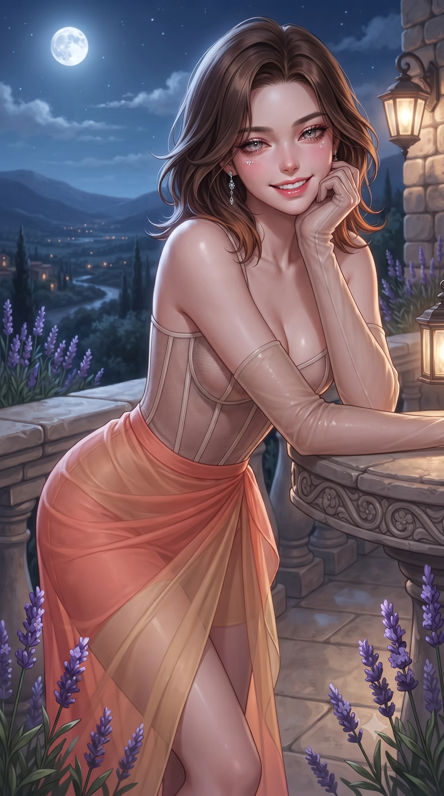 score_9, masterpiece, best quality, ultra-detailed, high-budget anime keyframe, editorial fashion photography, tasteful artistic composition, Korean woman. close-up cowboy shot from the waist and thighs up, the character dominates the composition, filling the frame with her large presence. resting one elbow on the table and supporting her chin, leaning close to the camera with heavy-lidded sparkling eyes and parted lips while leaning against the carved stone balustrade with hips cocked back, looking out over the fragrant nocturnal plateau with heavy-lidded bedroom-eyes. The surrounding environment is rendered in vivid detail and crisp panoramic clarity: sharp weathered limestone masonry relief, hand-carved stone baluster curves, and individual lavender blossom spikes in deep focus. She has an exceptionally elegant, slender, and willowy female figure with an ultra-slim waist, flat toned midriff, narrow ribcage, and sculpted feminine hips creating an alluring, slim hourglass silhouette without bulk. sharp v-shaped jawline, high-bridge nose, intricate jewel-like sparkling eyes with depth, thick eyelashes, glossy parted lips with a natural peach sheen, bright cheerful beaming smile with an enchanting and coquettish sensual glint, exuding both youthful cute charm and seductive allure, flawlessly proportioned anatomical accuracy, strict slender model proportions, natural body alignment, perfectly sculpted long slender limbs, ultra-slim waistline, clean dynamic posture without body distortion. wearing a provocative translucent mesh corset bodice with boned satin channels paired with a sheer chiffon wrap maxi skirt in Palm Springs desert sunset coral and warm honey champagne, crafted from stretch micro-mesh with liquid foil coating that shimmers with every movement, complemented by sheer opera-length evening gloves tracing her slender arms, the high-slit wrap tailoring accentuating her ultra-slim waistline and the enchanting curve of her feminine hips with alluring seductive charm. bathed in ethereal silver 4500K moonlight illuminating the lavender valley combined with warm 2400K stone wall lanterns. ultra-reflective glossy finish, specular highlights, rich textural contrasts, high-contrast stereoscopic depth, volumetric dynamic lighting, 2k, ultra detail, master piece, 9:16 ratio