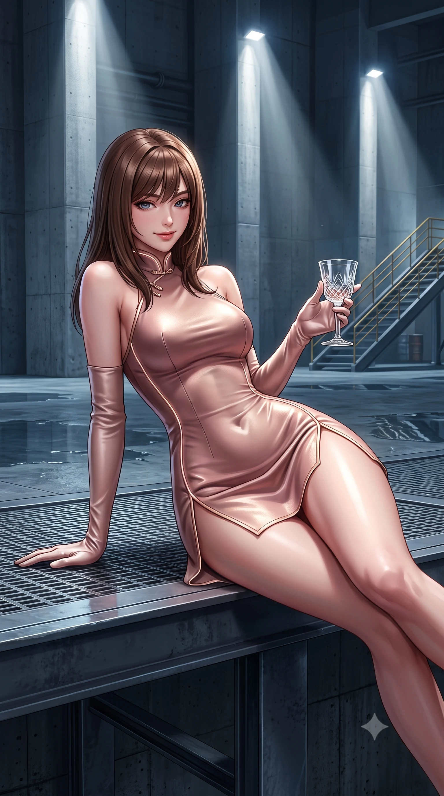 score_9, masterpiece, best quality, ultra-detailed, high-budget anime keyframe, semi-realistic 3D game render, editorial fashion photography, tasteful artistic composition, Korean woman. close-up cowboy shot from the waist and thighs up, the character dominates the composition, filling the frame with her large presence. turning over a bare shoulder with an intoxicating, teasing smile, her soft hair framing her sharp jawline as her hips angle gracefully while reclining on a raised steel inspection platform propped on one elbow, her slender waist and feminine curves sculpted by architectural spotlights. The surrounding environment is rendered in vivid detail and crisp panoramic clarity. sharp raw concrete formwork seams, water puddle surface caustics, and distant service stairway railings in deep focus. She has an exceptionally elegant, slender, and willowy female figure with an ultra-slim waist, flat toned midriff, narrow ribcage, and sculpted feminine hips creating an alluring, slim hourglass silhouette without bulk. sharp v-shaped jawline, high-bridge nose, intricate jewel-like eyes with depth, thick eyelashes, glossy parted lips with a natural sheen, intensely captivating and seductive bedroom-eyes expression, flawlessly proportioned anatomical accuracy, strict slender model proportions, natural body alignment, perfectly sculpted long slender limbs, ultra-slim waistline, clean dynamic posture without body distortion. wearing a modernized cyber-qipao mini dress with an ultra-high side slit ascending to the hip and glowing piping in dusky blush rose and champagne shimmer, formed from supple second-skin lambskin leather with specular sheen, accessorized with opera-length satin gloves and a vintage crystal glass, the glove-like aerodynamic silhouette tightly following the natural contour of her hips and long slender legs with statuesque 8.5-heads elegance. bathed in dramatic architectural floodlights beaming down between giant pillars creating high-contrast chiaroscuro. highly saturated vibrant anime colors, detailed shading with soft gradients, rich glossy textures, high-contrast stereoscopic depth, volumetric dynamic lighting, master piece, 9:16 ratio