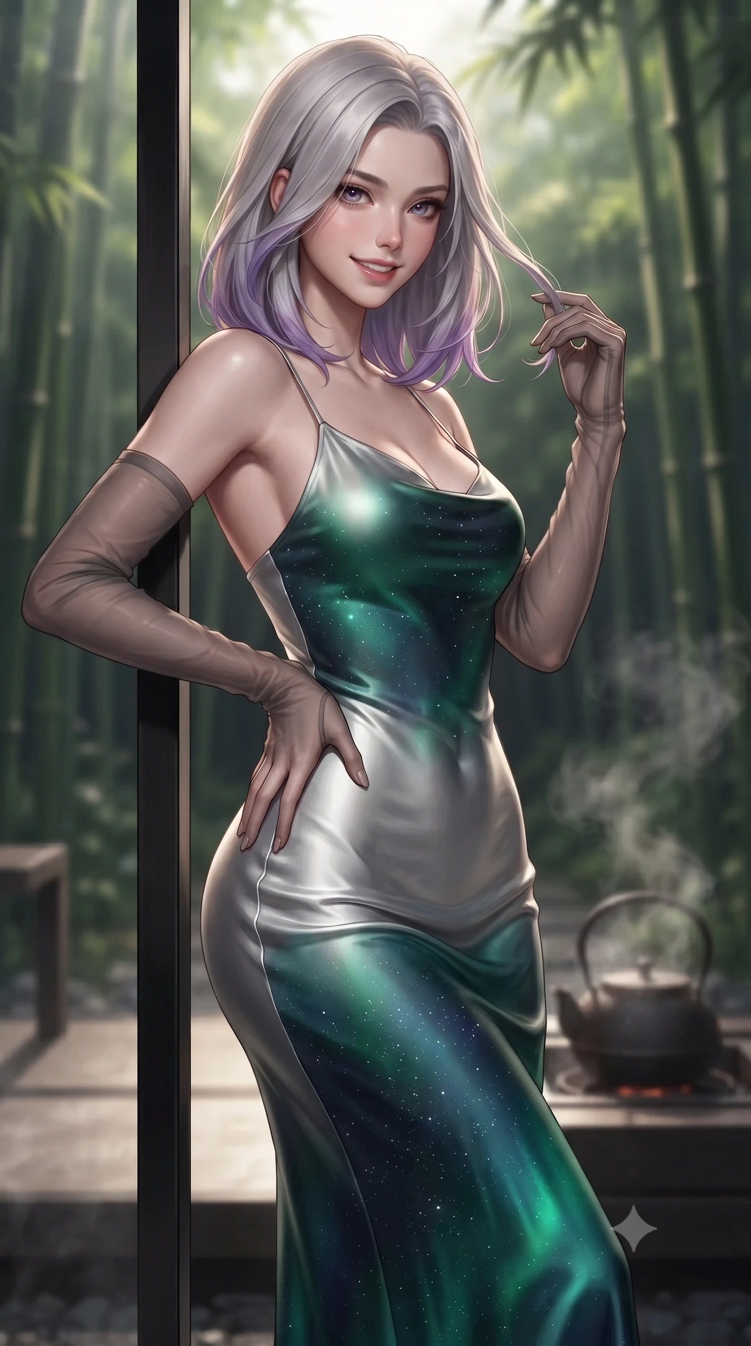 score_9, masterpiece, best quality, ultra-detailed, high-budget anime keyframe, editorial fashion photography, tasteful artistic composition, Caucasian woman. close-up cowboy shot from the waist and thighs up, the character dominates the composition, filling the frame with her large presence. twisting her slender torso in an alluring contrapposto stance, one hand resting on her sculpted hip while her fingers toy with her hair with effortless poise while leaning against the slender blackened steel mullion with hips cocked back, looking through illuminated bamboo groves with smoldering bedroom-eyes. The background shows a soft-focus gentle steam rising from a cast-iron tetsubin kettle softened in contemporary Japanese architectural haven shallow focus. She has an exceptionally elegant, slender, and willowy female figure with an ultra-slim waist, flat toned midriff, narrow ribcage, and sculpted feminine hips creating an alluring, slim hourglass silhouette without bulk. sharp v-shaped jawline, high-bridge nose, intricate jewel-like sparkling eyes with depth, thick eyelashes, glossy parted lips with a natural peach sheen, bright cheerful beaming smile with an enchanting and coquettish sensual glint, exuding both youthful cute charm and seductive allure, flawlessly proportioned anatomical accuracy, strict slender model proportions, natural body alignment, perfectly sculpted long slender limbs, ultra-slim waistline, clean dynamic posture without body distortion. wearing a liquid platinum satin bias-cut slip dress clinging seamlessly over her sculpted flat midriff and feminine hips in Arctic aurora borealis emerald and starlight diamond, crafted from bespoke double-faced cashmere with an exceptionally soft tactile finish, complemented by sheer opera-length evening gloves tracing her slender arms, the second-skin tailored fabric adhering flawlessly to her sculpted flat midriff and slender torso, emphasizing her long leg lines and perfectly proportioned willowy build. illuminated by glass reflection fill and sharp honey-gold rim lights defining her dewy collarbones, ultra-slim waist, and curvy hips. ultra-reflective glossy finish, specular highlights, rich textural contrasts, high-contrast stereoscopic depth, volumetric dynamic lighting, 2k, ultra detail, master piece, 9:16 ratio