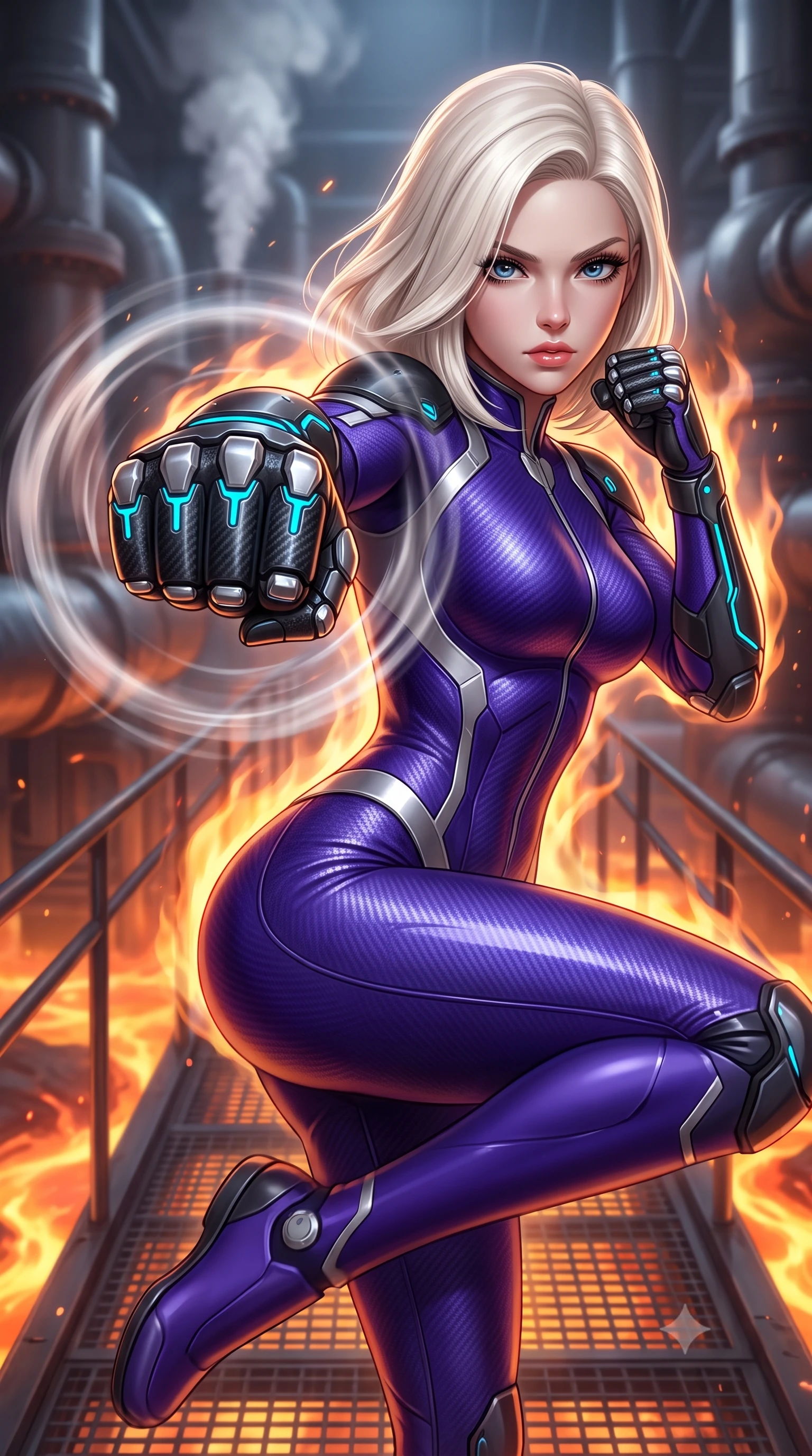 score_9, masterpiece, best quality, ultra-detailed, high-budget anime keyframe, semi-realistic 3D game render, editorial fashion photography, tasteful artistic composition, Caucasian woman. close-up cowboy shot from the waist and thighs up, the character dominates the composition, filling the frame with her large presence. thrusting a high-speed kinetic punch toward the camera, a visible conical shockwave distortion wrapping around her sleek carbon forearm while executing a high-speed rotational low sweep kick along a steel catwalk suspended above rivers of glowing geothermal magma. The composition keeps background elements in soft focus with creamy bokeh. massive industrial reactor pipes and steam exhaust turbines softened in atmospheric shallow focus. She has an exceptionally elegant, slender, and willowy female figure with an ultra-slim waist, a gracefully sculpted slender torso, toned flat midriff, and a refined slim silhouette. sharp v-shaped jawline, high-bridge nose, intricate jewel-like eyes with depth, thick eyelashes, glossy lips with a natural sheen, flawlessly proportioned anatomical accuracy, strict slender model proportions, natural body alignment, perfectly sculpted long slender limbs, ultra-slim waistline, clean dynamic posture without body distortion. wearing a precision-fitted royal purple carbon-fiber martial arts suit with silver accents and glowing micro-circuit knuckle plating in matte obsidian carbon black with electric cyan conduits, crafted from ultra-strong woven carbon-fiber composite with a satin luster, detailed with magnetic knuckle shock-absorbers and polished chrome articulation joints, the liquid-tight tailored fabric emphasizing every curve of her tall, slender model proportions and sculptured silhouette during dynamic movement. surrounded by an elemental, fierce, and irresistibly powerful cyber-valkyrie of flame aura. rich saturated anime colors with glowing neon highlights, detailed shading with soft gradients, rich glossy textures, high-contrast stereoscopic depth, volumetric dynamic lighting, master piece, 9:16 ratio