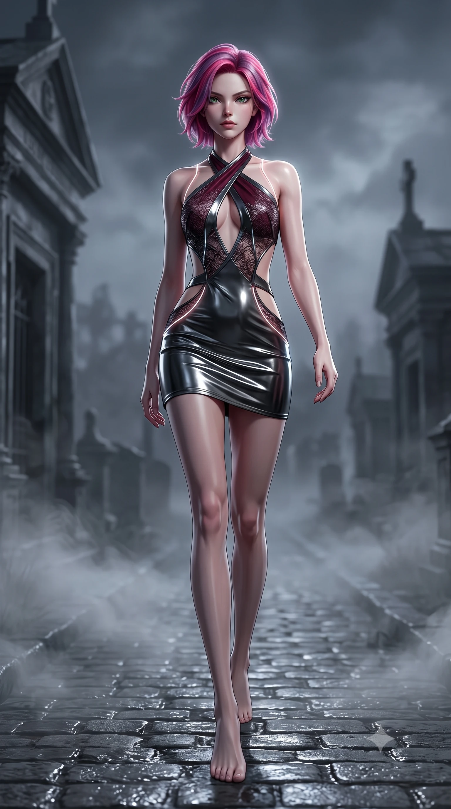 score_9, masterpiece, best quality, ultra-detailed, high-budget anime keyframe, semi-realistic 3D game render, editorial fashion photography, tasteful artistic composition, Caucasian woman. low angle full-body shot from head to toe showing her feet, filling the entire 9:16 vertical frame with her statuesque presence, stretching her vertical silhouette. striding forward in a proud, statuesque motion with a dangerous smolder, hips swaying with fierce allure, dominating the frame from head to toe while stepping along a damp cobblestone crypt pathway as thick silver ground mist curls around her bare legs. The composition keeps background elements in soft focus with creamy bokeh. thick rolling graveyard fog and distant moonlit mausoleums blurred into creamy charcoal and slate bokeh. She has an absolutely perfect, statuesque 8.5-heads proportion, an exceptionally tall and slender model-like female figure with impossibly long slender legs, a toned flat midriff, and an ultra-slim waist. sharp v-shaped jawline, high-bridge nose, intricate jewel-like eyes with depth, thick eyelashes, glossy lips with a natural sheen, flawlessly proportioned anatomical accuracy, strict slender model proportions, natural body alignment, perfectly sculpted long slender limbs, ultra-slim waistline, clean dynamic posture without body distortion. wearing a molten gunmetal liquid-metal mini dress featuring deep side-waist cutouts and a daring crossover halter neckline in deep burgundy wine and specular dark chrome, crafted from delicate dark lace interwoven with luminescent micro-fibers, accented with glowing fiber-optic seams tracing her collarbones and hip curves in the gloom, the liquid-tight tailored fabric emphasizing every curve of her tall, slender model proportions and sculptured silhouette during dynamic movement. illuminated by crisp pale key light with sharp specular highlights tracing her sculpted collarbones. rich saturated anime colors with deep moody shadows, detailed chiaroscuro shading with soft gradients, rich glossy textures, high-contrast stereoscopic depth, volumetric dynamic shadow lighting, master piece, 9:16 ratio