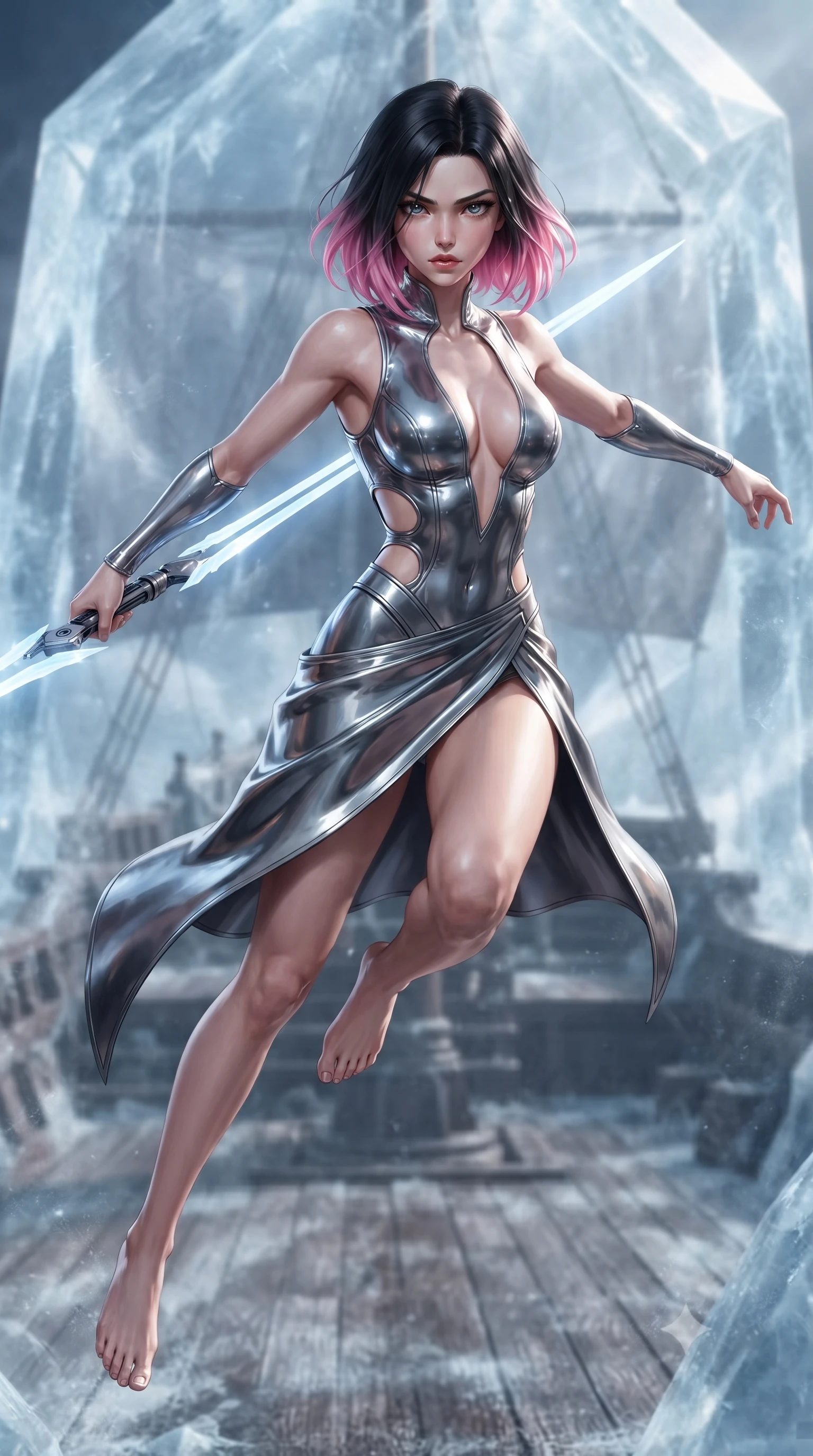 score_9, masterpiece, best quality, ultra-detailed, high-budget anime keyframe, editorial fashion photography, tasteful artistic composition, Korean woman. low angle full-body shot from head to toe showing her feet, filling the entire 9:16 vertical frame with her statuesque presence, stretching her vertical silhouette. leaping forward while slashing with a twin-bladed plasma sword in mid-air, her body-contouring suit showing her athletic silhouette, the background shows a soft-focus the deck of an ancient wooden battleship frozen inside a crystal of solid stilled-time. She has an absolutely perfect, statuesque 8.5-heads proportion, an exceptionally tall and slender model-like female figure with impossibly long slender legs and an ultra-slim waist. sharp v-shaped jawline, high-bridge nose, intricate jewel-like eyes with depth, thick eyelashes, glossy lips with a natural sheen. wearing a body-hugging deep plunging-V neck bodycon armor top, featuring keyhole cutouts along the ribs and a thigh-slit wrap skirt. soft stasis rays refracting through ice-like temporal fields. ultra-reflective glossy finish, specular highlights, metallic sheen, high-contrast stereoscopic depth, volumetric dynamic lighting, 2k, ultra detail, master piece, 9:16 ratio