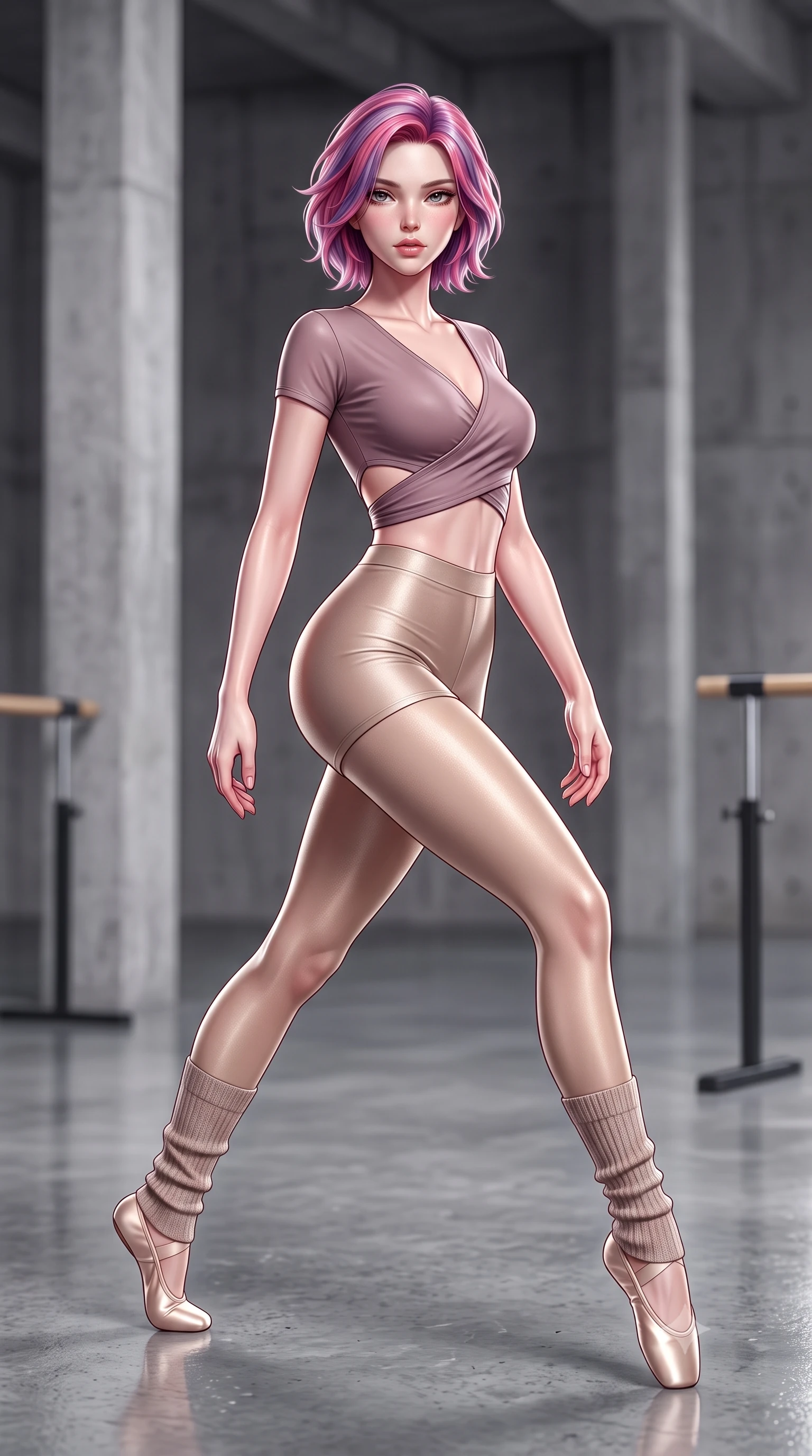 score_9, masterpiece, best quality, ultra-detailed, high-budget anime keyframe, semi-realistic 3D game render, editorial fashion photography, tasteful artistic composition, Caucasian woman. low angle full-body shot from head to toe showing her feet, filling the entire 9:16 vertical frame with her statuesque presence, stretching her vertical silhouette. striding forward in a proud supermodel runway stride, hips swaying in an alluring kinetic rhythm that accentuates her curvy hourglass silhouette while crouching in a low, balanced dancer plié on the reflective floor, her athletic feminine curves and toned hips creating a breathtaking line. The composition keeps background elements in soft focus with creamy bokeh. minimalist architectural concrete pillars and barre stands softened in clean artistic depth. She has an absolutely perfect, statuesque 8.5-heads proportion, an exceptionally tall and slender model-like female figure with impossibly long slender legs, a toned flat midriff, an ultra-slim waist, and beautifully sculpted feminine hips. sharp v-shaped jawline, high-bridge nose, intricate jewel-like eyes with depth, thick eyelashes, glossy parted lips with a natural sheen, intensely captivating and seductive bedroom-eyes expression, flawlessly proportioned anatomical accuracy, strict slender model proportions, natural body alignment, perfectly sculpted long slender limbs, ultra-slim waistline, clean dynamic posture without body distortion. wearing a chic ballerina wrap top paired with form-fitting stretch shorts and sheer stirrup tights in dusty mauve and champagne shimmer, crafted from compression spandex sculpting her athletic hourglass lines, accessorized with knitted leg warmers and delicate satin ballet slippers, the precision-cut side openings and low-back scoop framing her graceful spine and the sensual sweep of her hips. illuminated by crisp specular rim lights accentuating her narrow waist, curved hips, and long legs. highly saturated vibrant anime colors, detailed shading with soft gradients, rich glossy textures, high-contrast stereoscopic depth, volumetric dynamic lighting, master piece, 9:16 ratio