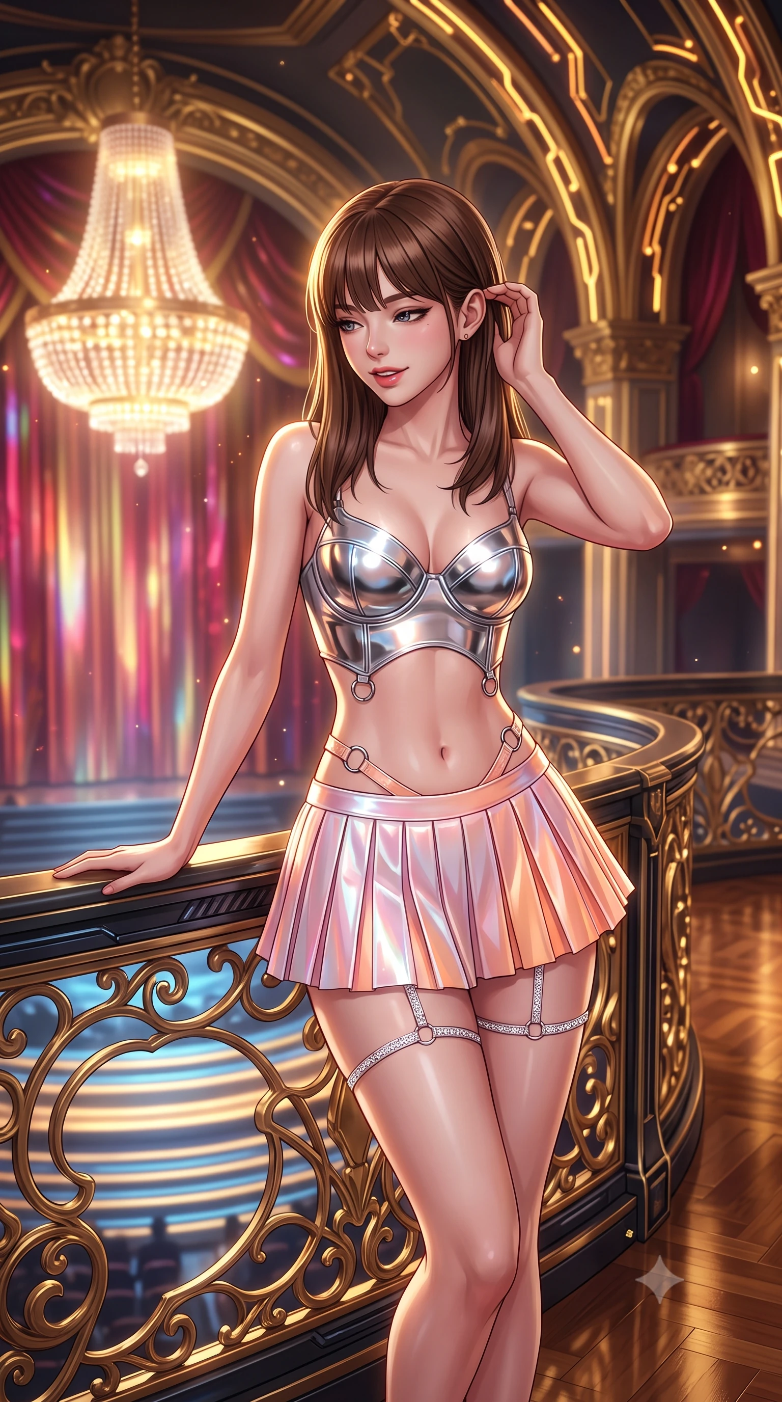 score_9, masterpiece, best quality, ultra-detailed, high-budget anime keyframe, semi-realistic 3D game render, editorial fashion photography, tasteful artistic composition, Korean woman. close-up cowboy shot from the waist and thighs up, the character dominates the composition, filling the frame with her large presence. gently brushing a lock of hair behind her ear while casting a playful, flirtatious side-gaze with long eyelashes while leaning against the gold-filigree cybernetic opera box balustrade with hips cocked back, gazing down at the holographic orchestra pit with smoldering bedroom-eyes. The background shows a soft-focus levitating crystal plasma chandelier, soaring gilded baroque arches interlaced with pulsing gold circuits, and holographic crimson curtains blurred into ruby, gold, and champagne bokeh. She has an exceptionally elegant, slender, and willowy female figure with an ultra-slim waist, flat toned midriff, narrow ribcage, and sculpted feminine hips creating an alluring, slim hourglass silhouette without bulk. sharp v-shaped jawline, high-bridge nose, intricate jewel-like sparkling eyes with depth, thick eyelashes, glossy parted lips with a natural peach sheen, bright cheerful beaming smile with an enchanting and coquettish sensual glint, exuding both youthful cute charm and seductive allure, flawlessly proportioned anatomical accuracy, strict slender model proportions, natural body alignment, perfectly sculpted long slender limbs, ultra-slim waistline, clean dynamic posture without body distortion. wearing a chrome-plated structured underwire bustier top paired with an ultra-short low-rise pleated micro mini skirt in Solaris liquid rose-quartz and alien peach, adorned with delicate chrome ring hardware and cutouts along her slender waist, finished with delicate crystal-encrusted thigh garter straps glinting in the dim light, the impeccably tailored cut draping gracefully along her slender figure with aristocratic poise. illuminated by polished parquet reflection bounce and sharp gold-plasma rim lights sculpting her jawline, narrow waist, and curvy hips. highly saturated vibrant anime colors, detailed shading with soft gradients, rich glossy textures, high-contrast stereoscopic depth, volumetric dynamic lighting, master piece, 9:16 ratio