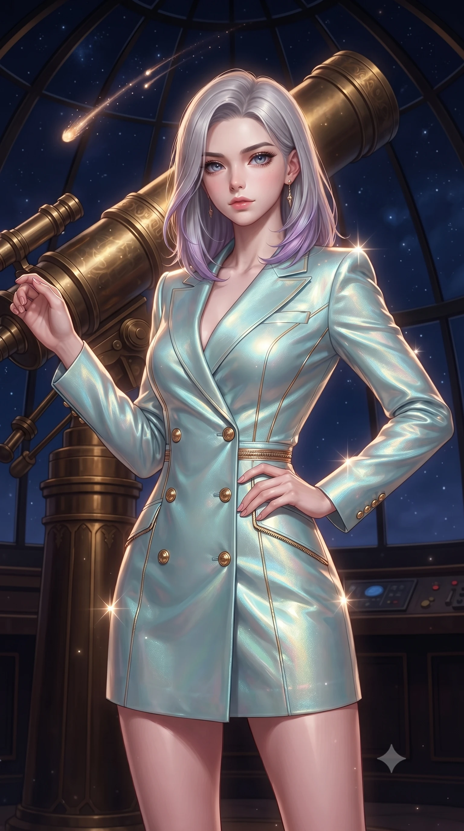 score_9, masterpiece, best quality, ultra-detailed, high-budget anime keyframe, editorial fashion photography, tasteful artistic composition, Caucasian woman. close-up cowboy shot from the waist and thighs up, the character dominates the composition, filling the frame with her large presence, background elements kept in soft focus. Holding a confident power pose with one hand on her hip, standing before a massive brass telescope tracking glowing comet dust trails, deep navy cosmic sky contrast against warm interior gold glow. She has an exceptionally elegant, slender, and willowy female figure with an ultra-slim waist, a gracefully sculpted slender torso, and a refined silhouette. sharp v-shaped jawline, high-bridge nose, intricate jewel-like eyes with depth, thick eyelashes, glossy lips with a natural sheen. wearing tailored double-breasted opal white blazer dress in glowing ivory, made of iridescent turquoise taffeta, finished with metallic gold boning and sleek zipper points, following her slender form with tailored precision. surrounded by a glowing starlight aura with sharp specular highlights. ultra-reflective glossy finish, specular highlights, metallic sheen, high-contrast stereoscopic depth, volumetric dynamic lighting, 2k, ultra detail, master piece, 9:16 ratio