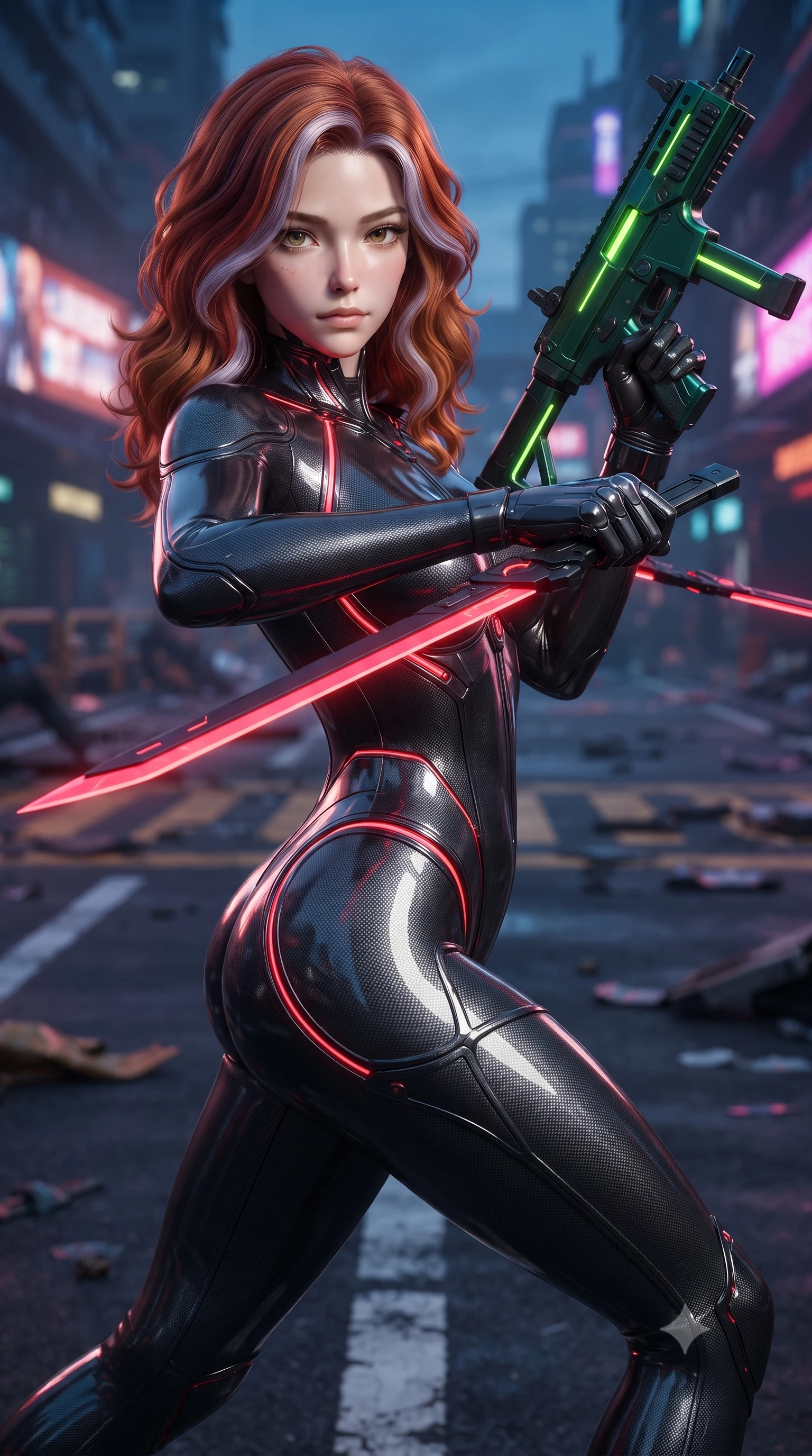 score_9, masterpiece, best quality, ultra-detailed, high-budget anime keyframe, editorial fashion photography, tasteful artistic composition, Caucasian woman. close-up cowboy shot from the waist and thighs up, the character dominates the composition, filling the frame with her large presence. twisting her upper body in a dynamic S-curve combat stance, one hand steadying her weapon with commanding supermodel allure while pivoting dynamically in mid-stride with twin glowing crimson high-frequency vibro-blades drawn in a deadly X-stance. The surrounding environment is rendered in vivid detail and crisp panoramic clarity. razor-sharp glowing crimson blade edges, detailed carbon-weave armor textures, and asphalt markings in deep focus. She has an exceptionally elegant, slender, and willowy female figure with an ultra-slim waist, a gracefully sculpted slender torso, toned flat midriff, and a refined slim silhouette. sharp v-shaped jawline, high-bridge nose, intricate jewel-like eyes with depth, thick eyelashes, glossy lips with a natural sheen, flawlessly proportioned anatomical accuracy, strict slender model proportions, natural body alignment, perfectly sculpted long slender limbs, ultra-slim waistline, clean dynamic posture without body distortion. wearing a second-skin dark gunmetal carbon-weave battle-suit with crimson laser conduits, brandishing a sleek high-tech composite submachine weapon with effortless allure in emerald green carbon composite with glowing lime laser channels, made of liquid carbon-jersey fabric adhering flawlessly to her sculpted silhouette, accented with glowing fiber-optic conduits tracing her collarbones and hip curves, the glove-like aerodynamic second-skin fit tightly clinging to her ultra-slender waist and athletic curves without adding bulk, accentuating her razor-sharp statuesque lines and slim hourglass silhouette. illuminated by sharp specular highlights tracing her ultra-slim waist, long legs, and sculpted armor plates. ultra-reflective glossy finish, specular highlights, dark metallic sheen, high-contrast stereoscopic depth, volumetric dynamic lighting, 2k, ultra detail, master piece, 9:16 ratio