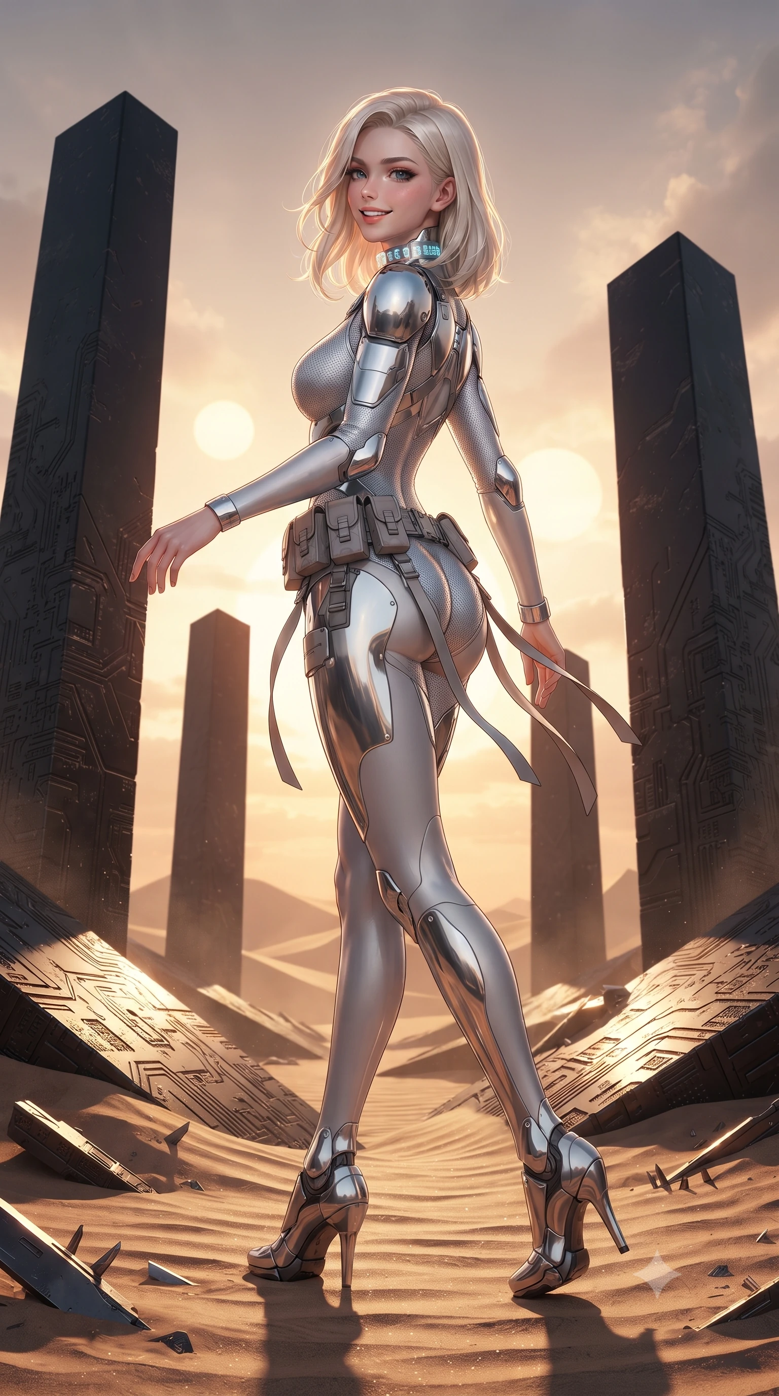 score_9, masterpiece, best quality, ultra-detailed, high-budget anime keyframe, editorial fashion photography, tasteful artistic composition, Caucasian woman. low angle full-body shot from head to toe showing her feet, filling the entire 9:16 vertical frame with her statuesque presence, stretching her vertical silhouette. executing a cheerful mid-motion pivot turn as her tactical belt and ribbons flutter around her slender legs, glancing over her shoulder with an intoxicating, teasing bedroom-gaze while standing poised between colossal black obsidian monoliths rising from alien dunes, arching her back with sovereign ancient-future grace. The surrounding environment is rendered in vivid detail and crisp panoramic clarity: sharp alien circuit engravings on polished obsidian stone, sand ripple textures, and metal shard bevels in deep focus. She has an absolutely perfect, statuesque 8.5-heads proportion, an exceptionally tall and slender model-like female figure with impossibly long slender legs, an ultra-slim waist, a flat toned midriff, narrow delicate ribcage, and beautifully sculpted feminine hips creating a graceful, slim hourglass silhouette without any bulky heaviness. sharp v-shaped jawline, high-bridge nose, intricate jewel-like sparkling eyes with depth, thick eyelashes, glossy parted lips with a natural sheen, bright confident smile with an enchanting and coquettish sensual glint, exuding both youthful magnetic charm and sovereign high-tech allure, flawlessly proportioned anatomical accuracy, strict slender model proportions, natural body alignment, perfectly sculpted long slender limbs, ultra-slim waistline, clean dynamic posture without body distortion. wearing a form-contouring delicate silver nano-mesh bodysuit with strategically placed chrome armor plate guards covering key curves in reflective liquid mercury and matte phantom grey, formed from supple thermal silicone composite adhering seamlessly like a second skin, complemented by a high-tech holographic choker projecting miniature glyphs, the liquid-tight tailored fabric clinging flawlessly to her narrow waist and rounded feminine hips, emphasizing every millimeter of her sculpted slim hourglass curves without any bulky heaviness. bathed in the warm, dramatic twin-sun sunset light casting long sculptural shadows. ultra-reflective glossy finish, specular highlights, rich textural contrasts, high-contrast stereoscopic depth, volumetric dynamic lighting, 2k, ultra detail, master piece, 9:16 ratio