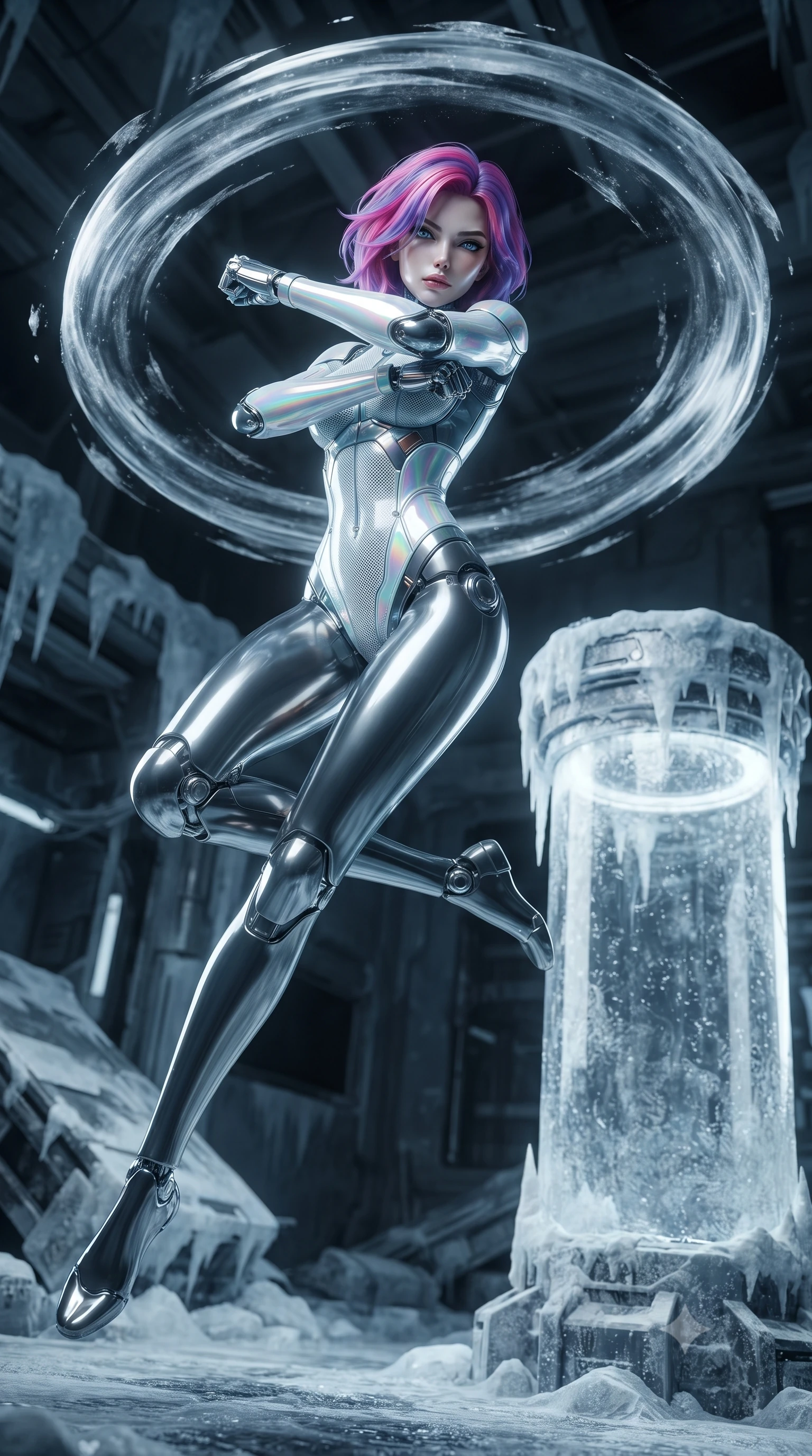 score_9, masterpiece, best quality, ultra-detailed, high-budget anime keyframe, editorial fashion photography, tasteful artistic composition, Caucasian woman. low angle full-body shot from head to toe showing her feet, filling the entire 9:16 vertical frame with her statuesque presence, stretching her vertical silhouette. leaping into mid-air with an athletic yet alluring arch of her spine, driving a downward kinetic strike surrounded by a ring of displaced air while resting against a frost-covered stasis cylinder with arms folded, casting a cool, smoldering gaze through ice vapor. The surrounding environment is rendered in vivid detail and crisp panoramic clarity. high-contrast arctic chiaroscuro and sleek high-tech laboratory ruin captured with precision. She has an absolutely perfect, statuesque 8.5-heads proportion, an exceptionally tall and slender model-like female figure with impossibly long slender legs, a toned flat midriff, and an ultra-slim waist. sharp v-shaped jawline, high-bridge nose, intricate jewel-like eyes with depth, thick eyelashes, glossy lips with a natural sheen, flawlessly proportioned anatomical accuracy, strict slender model proportions, natural body alignment, perfectly sculpted long slender limbs, ultra-slim waistline, clean dynamic posture without body distortion. wearing an ultra-sleek glacial-cyan and white carbon-mesh combat bodysuit with frost-resistant kinetic shock-absorber plating in high-gloss iridescent rainbow carbon with prism holographic sheen, tailored from flexible second-skin carbon-mesh that clings flawlessly to her athletic curves, detailed with magnetic knuckle shock-absorbers and polished chrome articulation joints, the liquid-tight tailored fabric emphasizing every curve of her tall, slender model proportions and sculptured silhouette during dynamic movement. illuminated by crisp specular ice refractions outlining her ultra-slim waist, long legs, and flat midriff. ultra-reflective glossy finish, specular highlights, dark metallic sheen, high-contrast stereoscopic depth, volumetric dynamic lighting, 2k, ultra detail, master piece, 9:16 ratio