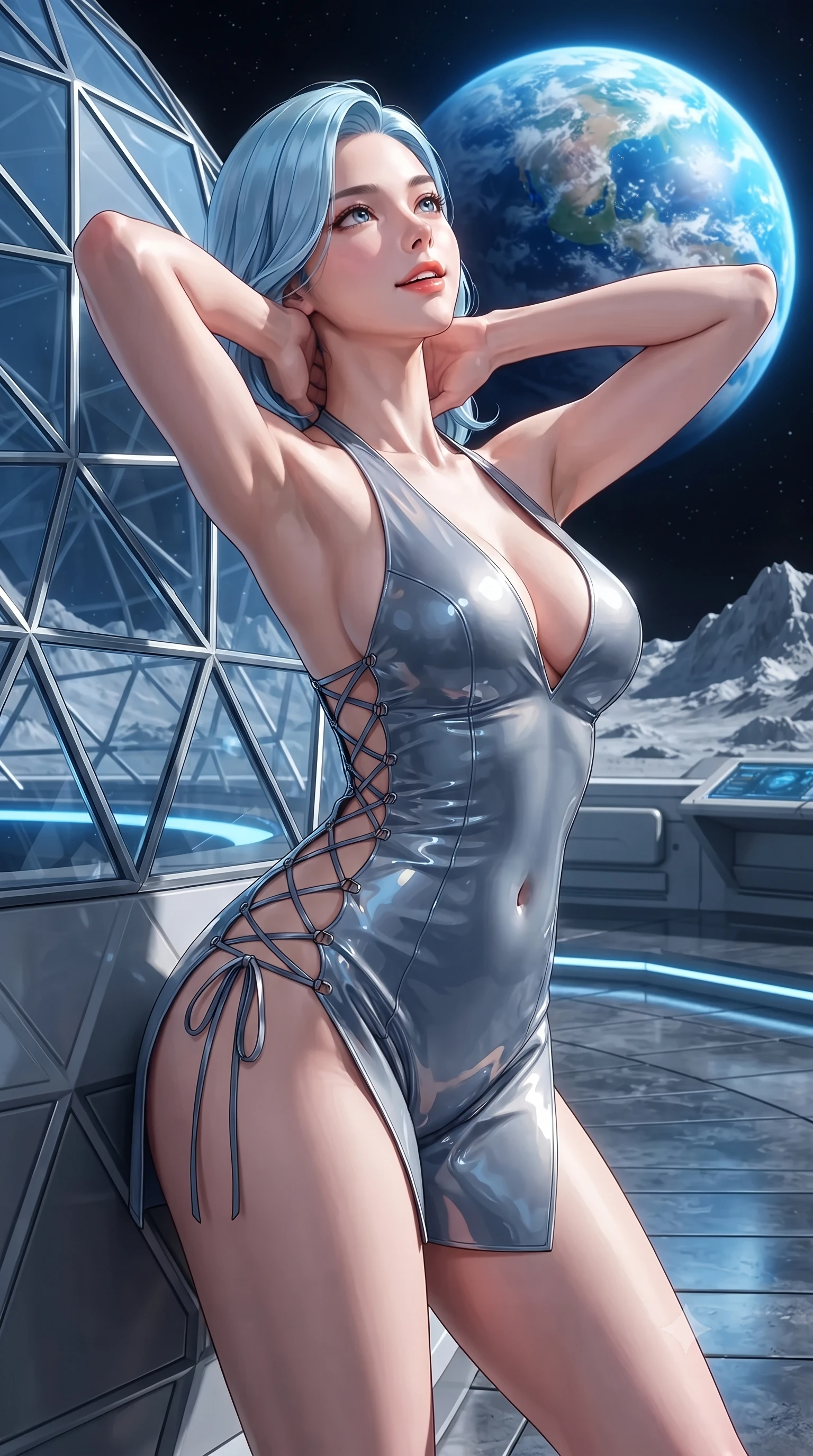 score_9, masterpiece, best quality, ultra-detailed, high-budget anime keyframe, editorial fashion photography, tasteful artistic composition, Korean woman. close-up cowboy shot from the waist and thighs up, the character dominates the composition, filling the frame with her large presence. resting both hands lightly behind her neck with elbows raised, arching her spine to highlight her narrow waist, flat midriff, and breathtaking collarbones while leaning against the faceted diamond-glass dome strut with hips cocked back, gazing up at the brilliant blue marble of Earth rising over lunar peaks with bedroom-eyes. The surrounding environment is rendered in vivid detail and crisp panoramic clarity: detailed fabric weave, tailored fit, and futuristic lunar outpost architecture in high resolution. She has an exceptionally elegant, slender, and willowy female figure with an ultra-slim waist, flat toned midriff, narrow ribcage, and sculpted feminine hips creating an alluring, slim hourglass silhouette without bulk. sharp v-shaped jawline, high-bridge nose, intricate jewel-like sparkling eyes with depth, thick eyelashes, glossy parted lips with a natural peach sheen, bright cheerful beaming smile with an enchanting and coquettish sensual glint, exuding both youthful cute charm and seductive allure, flawlessly proportioned anatomical accuracy, strict slender model proportions, natural body alignment, perfectly sculpted long slender limbs, ultra-slim waistline, clean dynamic posture without body distortion. wearing a daring low-cut halterneck romper with exposed midriff and strappy hip cutouts in Shackleton lunar ice silver and Earthrise cobalt, tailored from high-gloss patent leather with mirror-like specular highlights, featuring fine criss-cross lace-up side ties revealing tantalizing glimpses of her hip curve, the high-slit wrap tailoring accentuating her ultra-slim waistline and the enchanting curve of her feminine hips with alluring seductive charm. illuminated by basalt tile reflection bounce and sharp Earth-blue rim lights sculpting her jawline, narrow waist, and curvy hips. ultra-reflective glossy finish, specular highlights, rich textural contrasts, high-contrast stereoscopic depth, volumetric dynamic lighting, 2k, ultra detail, master piece, 9:16 ratio