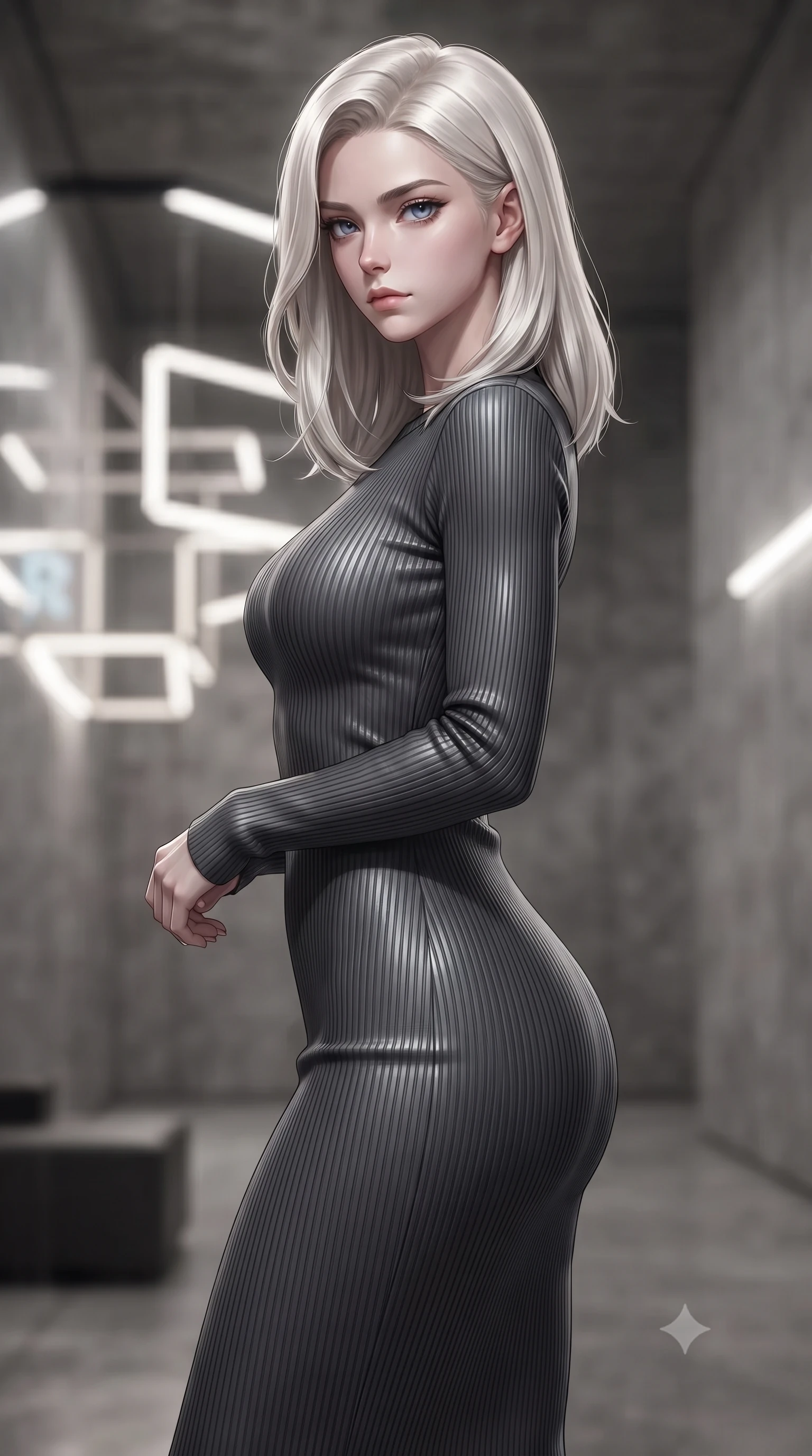 score_9, masterpiece, best quality, ultra-detailed, high-budget anime keyframe, editorial fashion photography, tasteful artistic composition, Caucasian woman. close-up cowboy shot from the waist and thighs up, the character dominates the composition, filling the frame with her large presence, background elements kept in soft focus. turning her face in sharp profile, casting a cold, mysterious, yet intensely alluring side gaze, the background shows a soft-focus an underground vault lounge with concrete walls and modern geometric light installations. She has an exceptionally elegant, slender, and willowy female figure with an ultra-slim waist, a gracefully sculpted slender torso, and a refined silhouette. sharp v-shaped jawline, high-bridge nose, intricate jewel-like eyes with depth, thick eyelashes, glossy lips with a natural sheen. wearing a form-contouring form-contouring ribbed bodycon midi dress in charcoal grey with long sleeves. focused white spotlights casting clean, structured shadows across her pose. ultra-reflective glossy finish, specular highlights, metallic sheen, high-contrast stereoscopic depth, volumetric dynamic lighting, 2k, ultra detail, master piece, 9:16 ratio