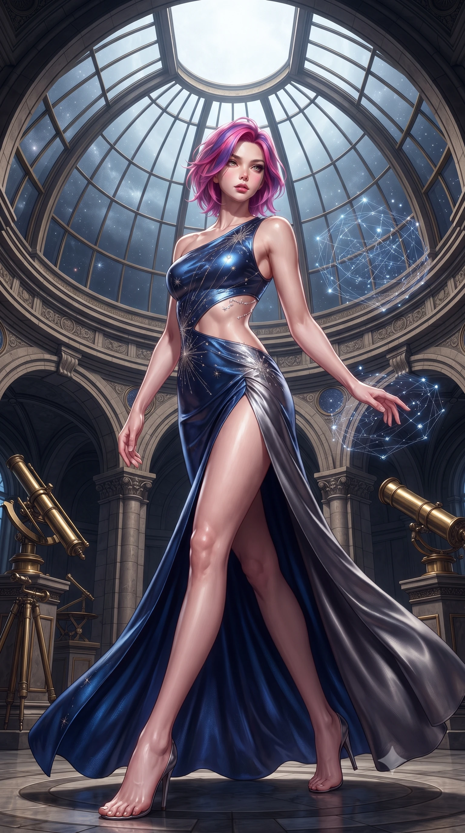 score_9, masterpiece, best quality, ultra-detailed, high-budget anime keyframe, editorial fashion photography, tasteful artistic composition, Caucasian woman. low angle full-body shot from head to toe showing her feet, filling the entire 9:16 vertical frame with her statuesque presence, stretching her vertical silhouette. striding forward in a proud supermodel runway stride, hips swaying in an alluring kinetic rhythm that accentuates her curvy hourglass silhouette while arching her spine in a fluid dancer stretch beneath the open observatory glass dome, fingers lightly tracing a floating star map. The surrounding environment is rendered in vivid detail and crisp panoramic clarity. monumental high-contrast cosmic chiaroscuro and sacred astronomical sanctuary architecture in precision. She has an absolutely perfect, statuesque 8.5-heads proportion, an exceptionally tall and slender model-like female figure with impossibly long slender legs, a toned flat midriff, an ultra-slim waist, and beautifully sculpted feminine hips. sharp v-shaped jawline, high-bridge nose, intricate jewel-like eyes with depth, thick eyelashes, glossy parted lips with a natural sheen, intensely captivating and seductive bedroom-eyes expression, flawlessly proportioned anatomical accuracy, strict slender model proportions, natural body alignment, perfectly sculpted long slender limbs, ultra-slim waistline, clean dynamic posture without body distortion. wearing an asymmetric one-shoulder metallic gown with celestial starburst embroidery and bare side cutouts in deep sapphire blue and brushed dark platinum, tailored from ultra-smooth duchess satin with a pearlescent celestial sheen, accented with a glittering crystal constellation back chain tracing her bare spine, the precision-cut side openings and low-back scoop framing her graceful spine and the sensual sweep of her hips. surrounded by a celestial, immortal, and deeply hypnotic cosmos sovereign aura. ultra-reflective glossy finish, specular highlights, rich textural contrasts, high-contrast stereoscopic depth, volumetric dynamic lighting, 2k, ultra detail, master piece, 9:16 ratio