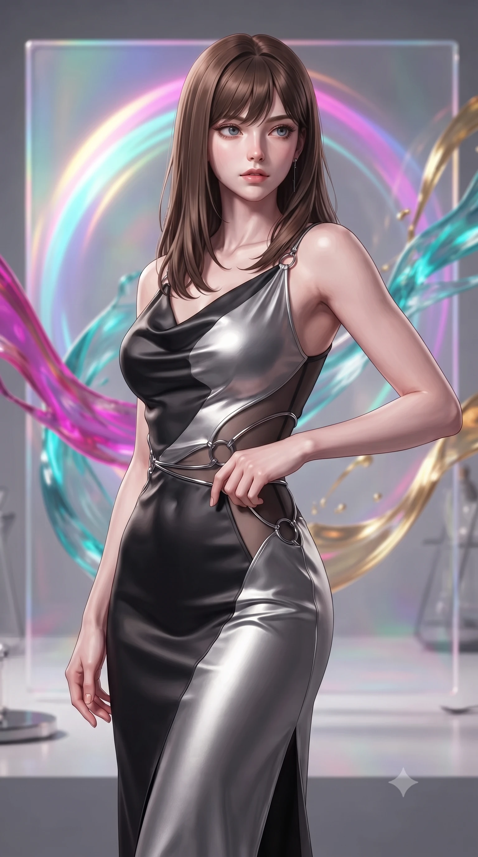 score_9, masterpiece, best quality, ultra-detailed, high-budget anime keyframe, editorial fashion photography, tasteful artistic composition, Korean woman. close-up cowboy shot from the waist and thighs up, the character dominates the composition, filling the frame with her large presence, background elements kept in soft focus. Gazing past the camera with an air of effortless elegance and mysterious confidence poised before a giant holographic canvas emitting luminous color arcs, swirling ribbons of magenta, turquoise, and gold liquid paint in zero-gravity. She has an exceptionally elegant, slender, and willowy female figure with an ultra-slim waist, a gracefully sculpted slender torso, and a refined silhouette. sharp v-shaped jawline, high-bridge nose, intricate jewel-like eyes with depth, thick eyelashes, glossy lips with a natural sheen. wearing an elegant cowl-neck satin midi dress with a draped neckline in matte black and polished silver, woven from fine semi-opaque sheer organza, accented with delicate chrome ring hardware framing her waist, the form-contouring material highlighting her ultra-slim waist and long lines. surrounded by a radiant glow of magenta and aqua fluid highlights. ultra-reflective glossy finish, specular highlights, metallic sheen, high-contrast stereoscopic depth, volumetric dynamic lighting, 2k, ultra detail, master piece, 9:16 ratio