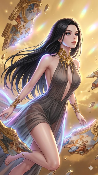 score_9, masterpiece, best quality, ultra-detailed, high-budget anime keyframe, Caucasian woman, strictly human ears. upper body close-up from the thighs up, character filling the screen for maximum presence. propelling herself off digital baroque ce