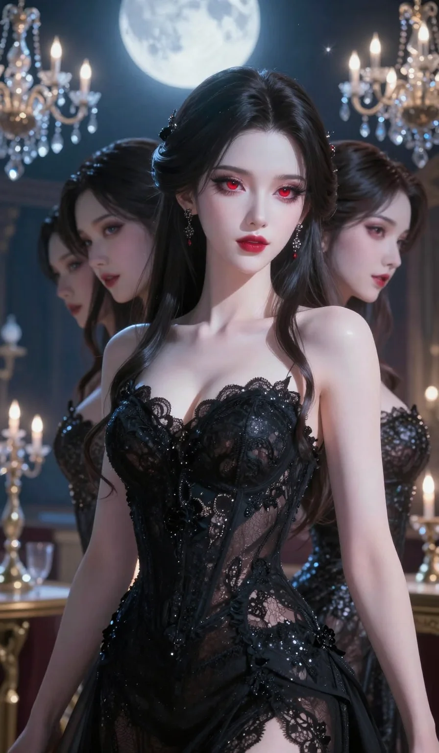 score_9, masterpiece, best quality, ultra-detailed, semi-realistic high-budget anime keyframe, an incredibly beautiful Korean woman. Medium shot of upper body focusing on her alluring features. She is a high-society vampire queen in a moonlit ballroom. She has an absolutely perfect 8-heads proportion, a towering and slender female figure. Her face is a masterpiece with porcelain skin and ruby eyes. She is wearing a high-cut black lace gown, highlighting her alluring silhouette. Moonbeams and crystal chandeliers, radiant glowing skin, dramatic rim lighting, 2k, ultra detail, master piece, 9:16 ratio