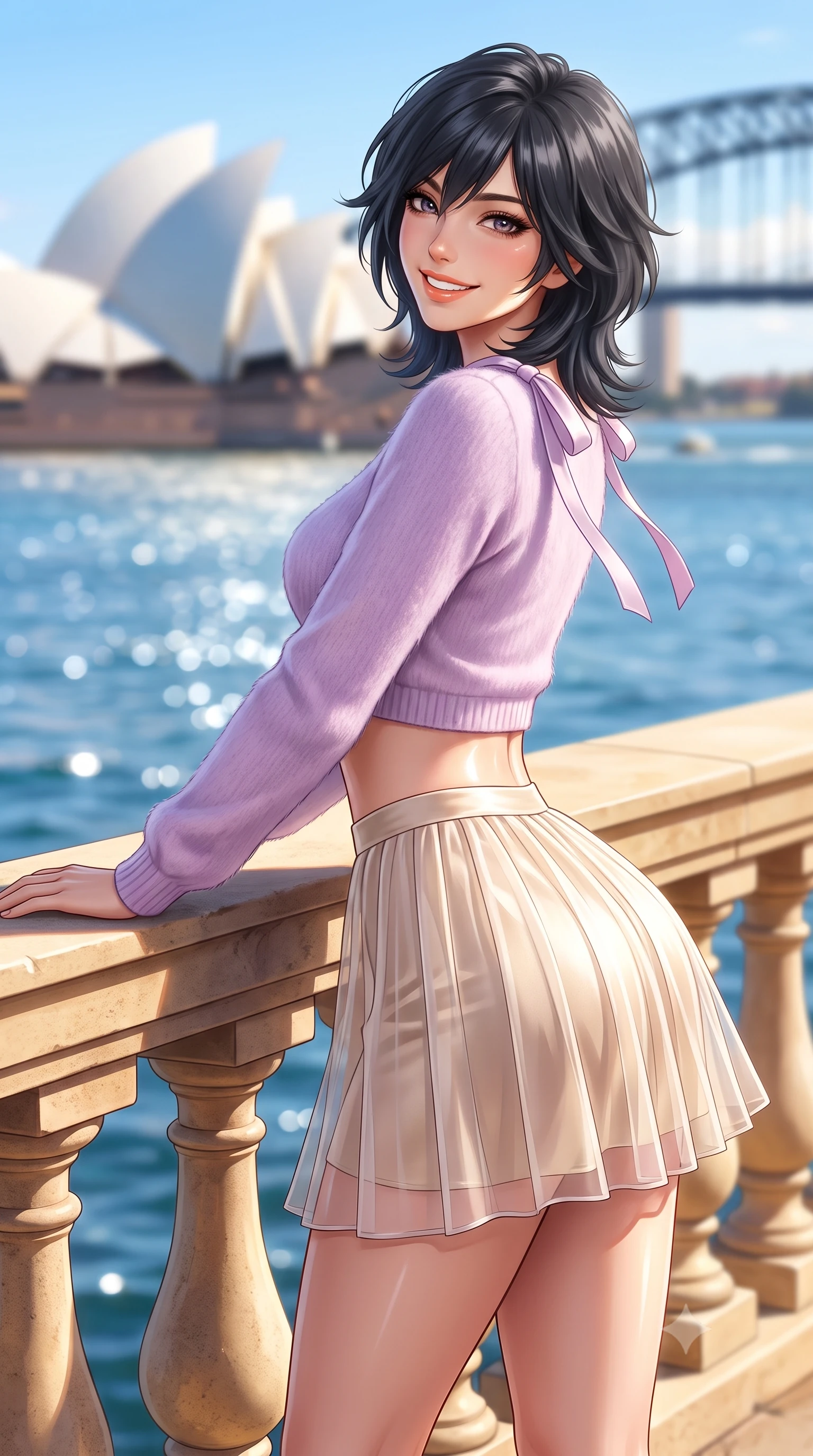 score_9, masterpiece, best quality, ultra-detailed, high-budget anime keyframe, semi-realistic 3D game render, editorial fashion photography, tasteful artistic composition, Caucasian woman. close-up cowboy shot from the waist and thighs up, the character dominates the composition, filling the frame with her large presence. leaning back against the sunlit railing with relaxed seductive grace, her flat midriff and narrow waist highlighted as she smiles brightly with bewitching eyes while leaning against a sandstone garden balustrade with hips cocked back, looking over her shoulder with playful, athletic bedroom-eyes. The composition keeps background elements in soft focus with dreamy creamy bokeh. glistening blue harbour waters, white sails of the Sydney Opera House, and Harbour Bridge blurred into sapphire, pearl-white, and gold bokeh. She has an exceptionally elegant, slender, and willowy female figure with an ultra-slim waist, flat toned midriff, narrow ribcage, and sculpted feminine hips creating an alluring, slim hourglass silhouette without bulk. sharp v-shaped jawline, high-bridge nose, intricate jewel-like sparkling eyes with depth, thick eyelashes, glossy parted lips with a natural peach sheen, bright cheerful beaming smile with an enchanting and coquettish sensual glint, exuding both youthful cute charm and seductive allure, flawlessly proportioned anatomical accuracy, strict slender model proportions, natural body alignment, perfectly sculpted long slender limbs, ultra-slim waistline, clean dynamic posture without body distortion. wearing a soft angora crop knit sweater with a sheer pleated organza mini skirt over an opaque silk slip in soft lilac and champagne shimmer, crafted from liquid-tight stretch jersey emphasizing every curve, finished with cute satin bow ribbons tying at the shoulders, the high-waisted tailoring accentuating her ultra-slim waistline and the enchanting curve of her feminine hips with alluring charm. illuminated by intense specular sea reflections sharply carving her razor-sharp jawline, narrow waist, and curvy hips. highly saturated vibrant anime colors, detailed shading with soft gradients, rich glossy textures, high-contrast stereoscopic depth, volumetric dynamic lighting, master piece, 9:16 ratio