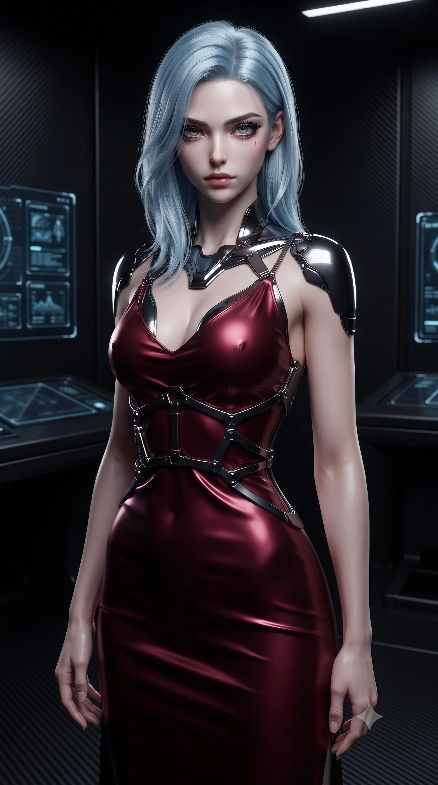 score_9, masterpiece, best quality, ultra-detailed, high-budget anime keyframe, editorial fashion photography, tasteful artistic composition, Korean woman. close-up cowboy shot from the waist and thighs up, the character dominates the composition, filling the frame with her large presence, background elements kept in soft focus. Casting a slow, direct gaze beneath heavy lashes with quiet intensity, inside a futuristic dark laboratory built from matte black carbon fiber panels, matte carbon fiber weave textures absorbing ambient light into deep shadows. She has an exceptionally elegant, slender, and willowy female figure with an ultra-slim waist, a gracefully sculpted slender torso, and a refined silhouette. sharp v-shaped jawline, high-bridge nose, intricate jewel-like eyes with depth, thick eyelashes, glossy lips with a natural sheen. wearing form-contouring dark crimson liquid silk long slip dress in deep crimson burgundy, made of sculpted obsidian metallic chrome, highlighted by a gunmetal metallic harness structure, accentuating her gracefully sculpted slender torso. lit by dramatic key light emerging from deep carbon fiber shadows. ultra-reflective glossy finish, specular highlights, metallic sheen, high-contrast stereoscopic depth, volumetric dynamic lighting, 2k, ultra detail, master piece, 9:16 ratio