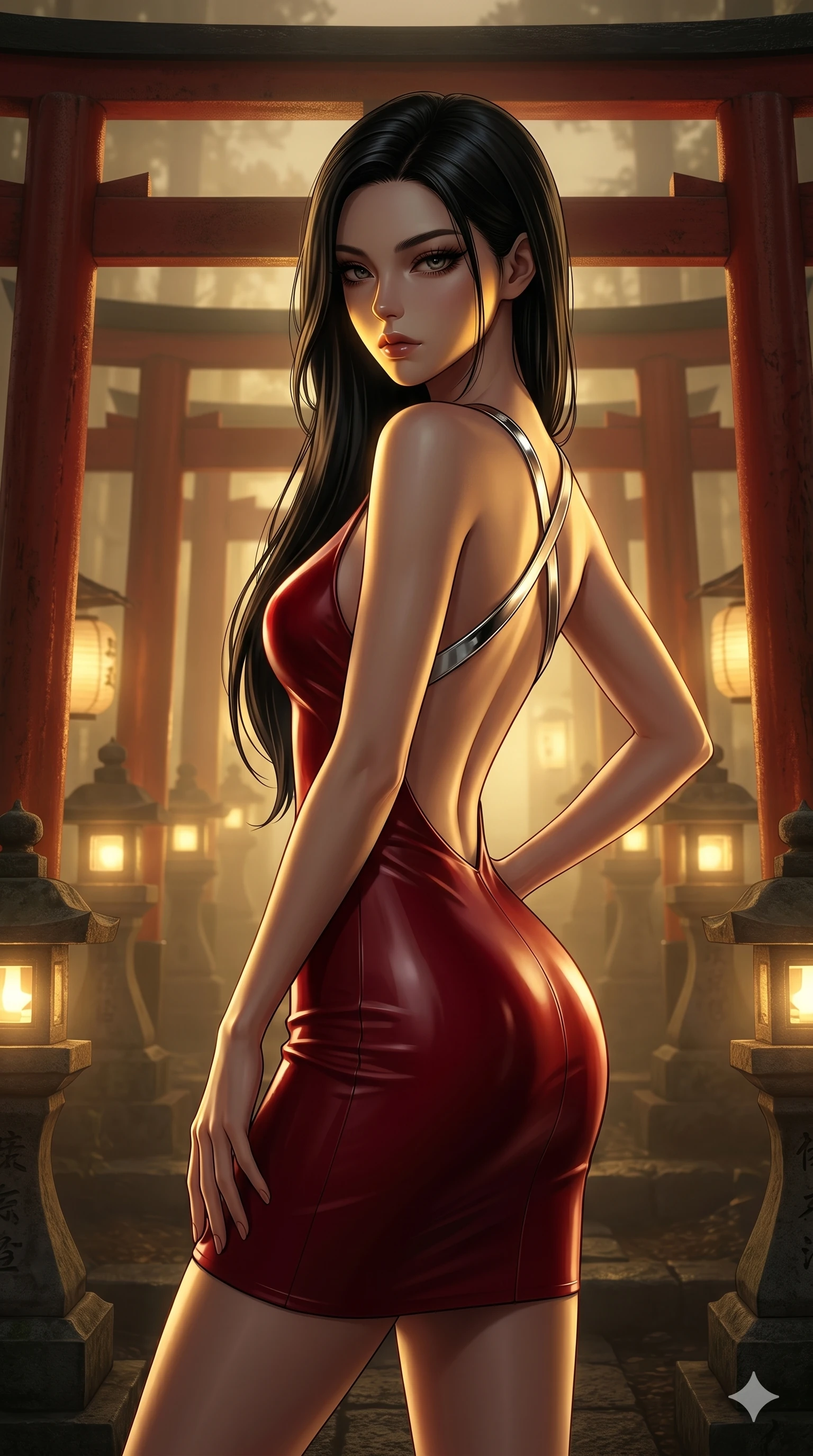 score_9, masterpiece, best quality, ultra-detailed, high-budget anime keyframe, editorial fashion photography, tasteful artistic composition, Korean woman. cowboy shot from the thighs up, character and outfit filling the frame for maximum editorial presence. Casting a slow, direct gaze beneath heavy lashes with quiet intensity amidst a Japanese torii gate forest with golden fog-lit lanterns. She has an absolutely perfect 8-heads proportion, an exceptionally tall and slender female figure with impossibly long slender legs and an ultra-slim waist. V-shaped jawline, high-bridge nose, intricate jewel-like eyes with depth, thick eyelashes, glossy lips with a natural sheen. wearing a structured deep-cherry-red fashion-latex fitted dress with a clean architectural front and a dramatic open-back design with a single criss-cross strap in chrome across the bare back. lit by dramatic chiaroscuro with a single golden key light carving her facial contours and figure. 2k, ultra detail, master piece, 9:16 ratio
