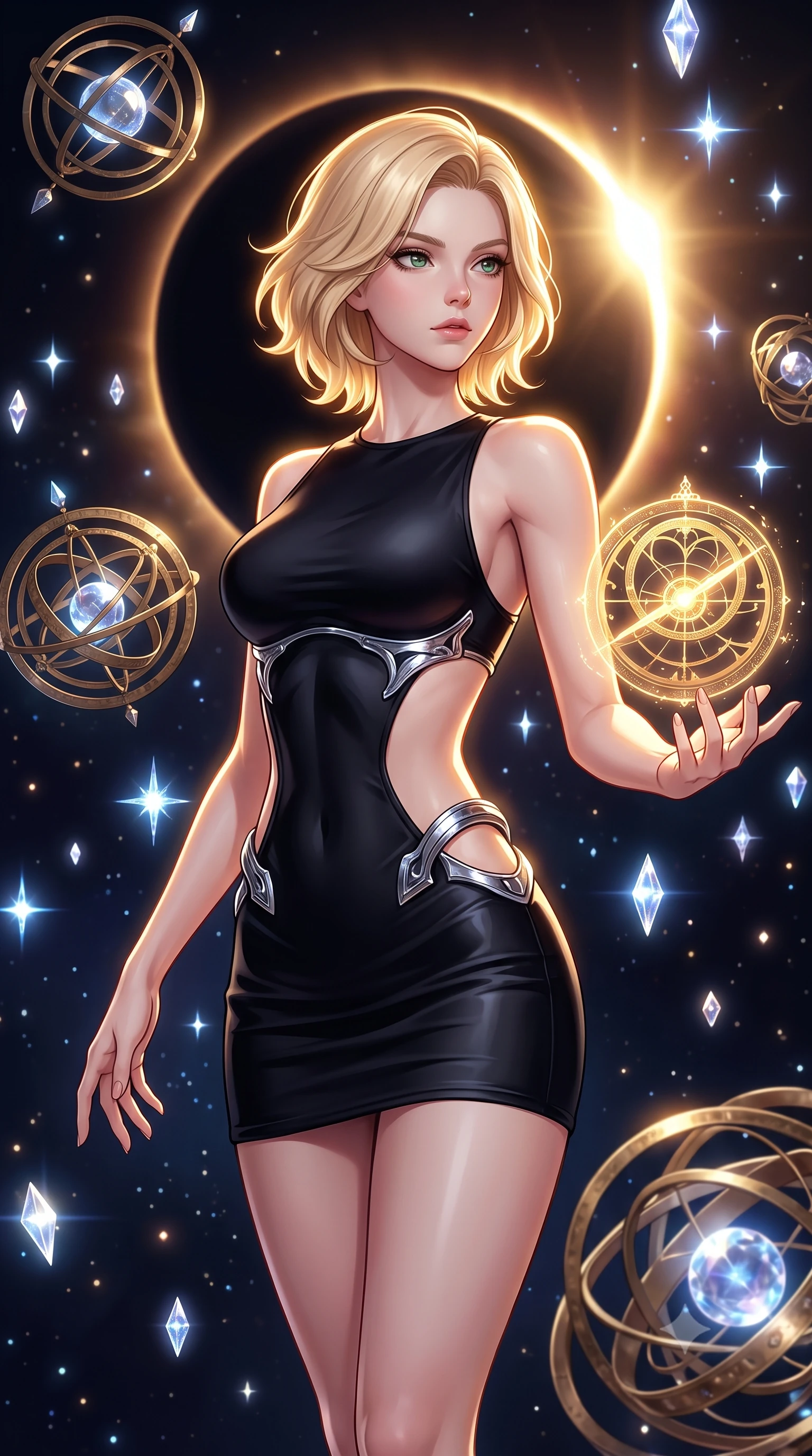 score_9, masterpiece, best quality, ultra-detailed, high-budget anime keyframe, editorial fashion photography, tasteful artistic composition, Caucasian woman. close-up cowboy shot from the waist and thighs up, the character dominates the composition, filling the frame with her large presence, background elements kept in soft focus. Gazing past the camera with an air of effortless elegance and mysterious confidence surrounded by floating armillary spheres and glowing starlight crystals, a cosmic eclipse casting brilliant golden rim highlights. She has an exceptionally elegant, slender, and willowy female figure with an ultra-slim waist, a gracefully sculpted slender torso, and a refined silhouette. sharp v-shaped jawline, high-bridge nose, intricate jewel-like eyes with depth, thick eyelashes, glossy lips with a natural sheen. wearing a dramatic open-waist cutout mini dress in matte black framed by sculptural chrome hardware, the glove-like fit emphasizing her statuesque silhouette. illuminated by brilliant starlight and warm golden inner glow from the astrolabe. highly saturated vibrant anime colors, detailed shading with soft gradients, rich glossy textures, high-contrast stereoscopic depth, volumetric dynamic lighting, master piece, 9:16 ratio