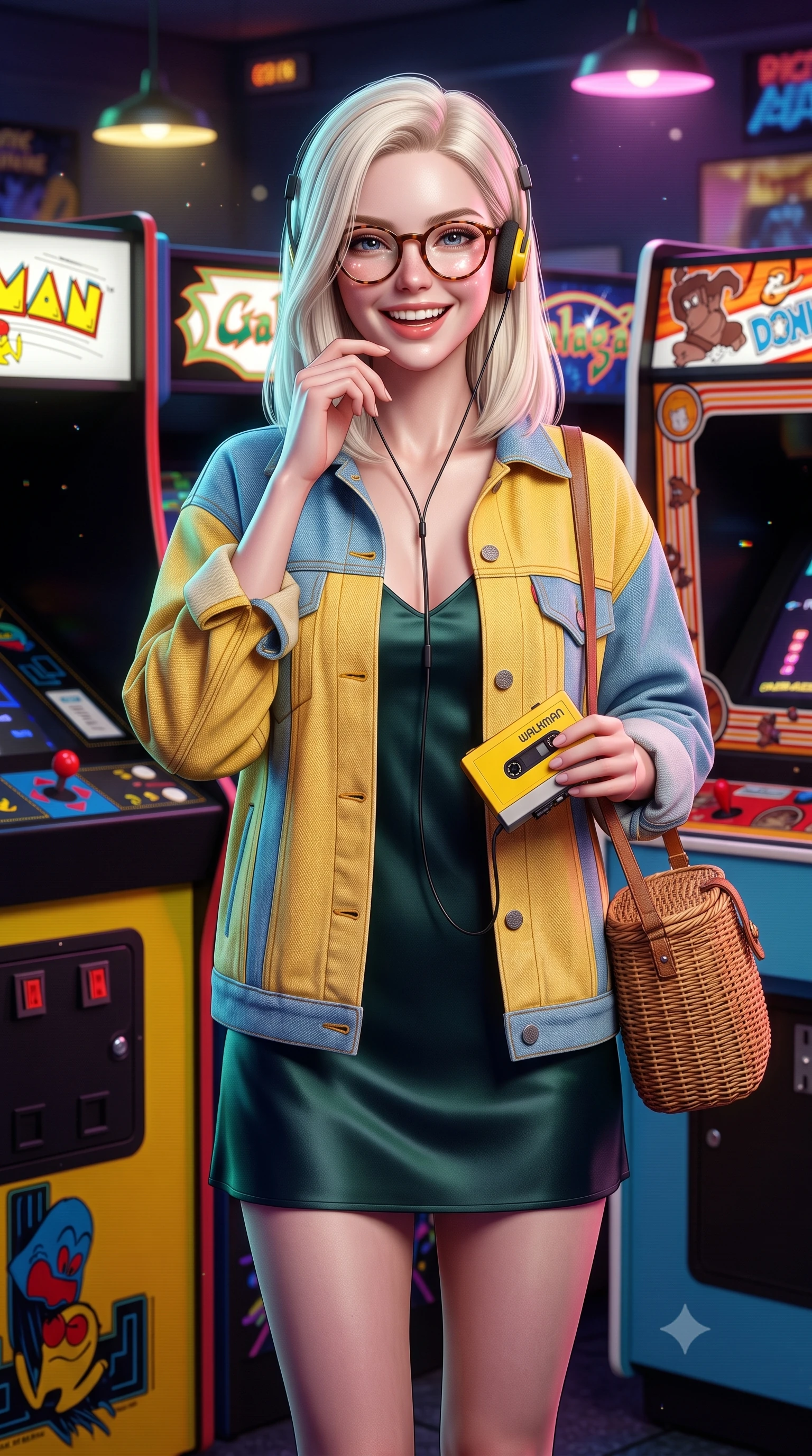 score_9, masterpiece, best quality, ultra-detailed, high-budget anime keyframe, semi-realistic 3D game render, editorial fashion photography, tasteful artistic composition, Caucasian woman. close-up cowboy shot from the waist and thighs up, the character dominates the composition, filling the frame with her large presence. laughing softly with genuine, enchanting warmth, eyes crinkling sweetly as specular highlights illuminate her cheeks while standing in a buzzing 1980s neon arcade game center, wearing retro on-ear foam headphones plugged into a vintage cassette Walkman. The composition keeps background elements in soft focus with creamy bokeh. flickering coin-slot lights and pixel scanline glints scattering vibrant nostalgic light motes. She has an exceptionally elegant, slender, and willowy female figure with an ultra-slim waist, a gracefully sculpted slender torso, toned flat midriff, and a refined slim silhouette. sharp v-shaped jawline, high-bridge nose, intricate jewel-like eyes with depth, thick eyelashes, glossy lips with a natural sheen, captivating and magnetic expression, flawlessly proportioned anatomical accuracy, strict slender model proportions, natural body alignment, perfectly sculpted long slender limbs, ultra-slim waistline, clean dynamic posture without body distortion. wearing a romantic 90s silk satin slip dress layered under an unbuttoned vintage oversized denim jacket in sunny retro canary yellow and sky blue, tailored from fine British wool tweed and comfortable stretch cotton, accessorized with a rustic woven wicker basket bag and round tortoiseshell glasses, the precision-cut daring openings accentuating her delicate midriff, graceful bare collarbones, and ultra-slim feminine waistline. bathed in multicolored arcade screen glows and vibrant neon alleyway downlights. highly saturated vibrant anime colors, detailed shading with soft gradients, rich glossy textures, high-contrast stereoscopic depth, volumetric dynamic lighting, master piece, 9:16 ratio