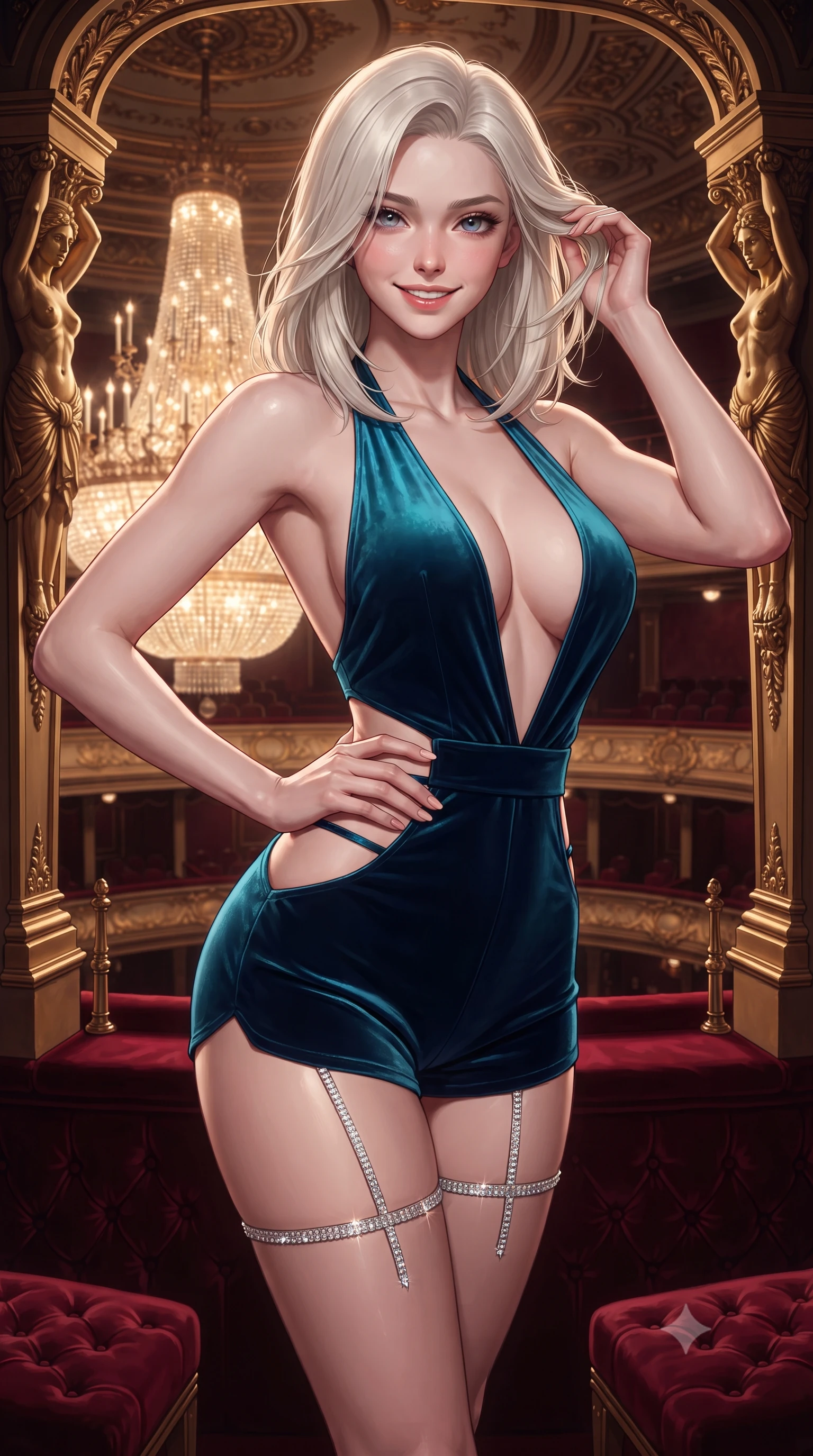 score_9, masterpiece, best quality, ultra-detailed, high-budget anime keyframe, editorial fashion photography, tasteful artistic composition, Caucasian woman. close-up cowboy shot from the waist and thighs up, the character dominates the composition, filling the frame with her large presence. twisting her slender torso in an alluring contrapposto stance, one hand resting on her sculpted hip while her fingers toy with her hair with effortless poise while standing poised at the front of the private Imperial Box overlooking the horseshoe auditorium, arching her spine with queenly diva charisma as the colossal central chandelier blazes below. The surrounding environment is rendered in vivid detail and crisp panoramic clarity: sharp hand-carved gilded caryatid moldings on box pillars, deep button-tufted crimson velvet upholstery, and brass rail joints in deep focus. She has an exceptionally elegant, slender, and willowy female figure with an ultra-slim waist, flat toned midriff, narrow ribcage, and sculpted feminine hips creating an alluring, slim hourglass silhouette without bulk. sharp v-shaped jawline, high-bridge nose, intricate jewel-like sparkling eyes with depth, thick eyelashes, glossy parted lips with a natural peach sheen, bright cheerful beaming smile with an enchanting and coquettish sensual glint, exuding both youthful cute charm and seductive allure, flawlessly proportioned anatomical accuracy, strict slender model proportions, natural body alignment, perfectly sculpted long slender limbs, ultra-slim waistline, clean dynamic posture without body distortion. wearing a daring low-cut halterneck romper with exposed midriff and strappy hip cutouts in Singapore Marina Bay electric cyan and midnight sapphire, tailored from ultra-plush silk velvet with rich tactile depth and deep shadow gradients, finished with delicate crystal-encrusted thigh garter straps glinting in the dim light, the second-skin tailored fabric adhering flawlessly to her sculpted flat midriff and slender torso, emphasizing her long leg lines and perfectly proportioned willowy build. illuminated by gilded stucco bounce fill and sharp rose-gold rim lights defining her dewy collarbones, ultra-slim waist, and curvy hips. ultra-reflective glossy finish, specular highlights, rich textural contrasts, high-contrast stereoscopic depth, volumetric dynamic lighting, 2k, ultra detail, master piece, 9:16 ratio