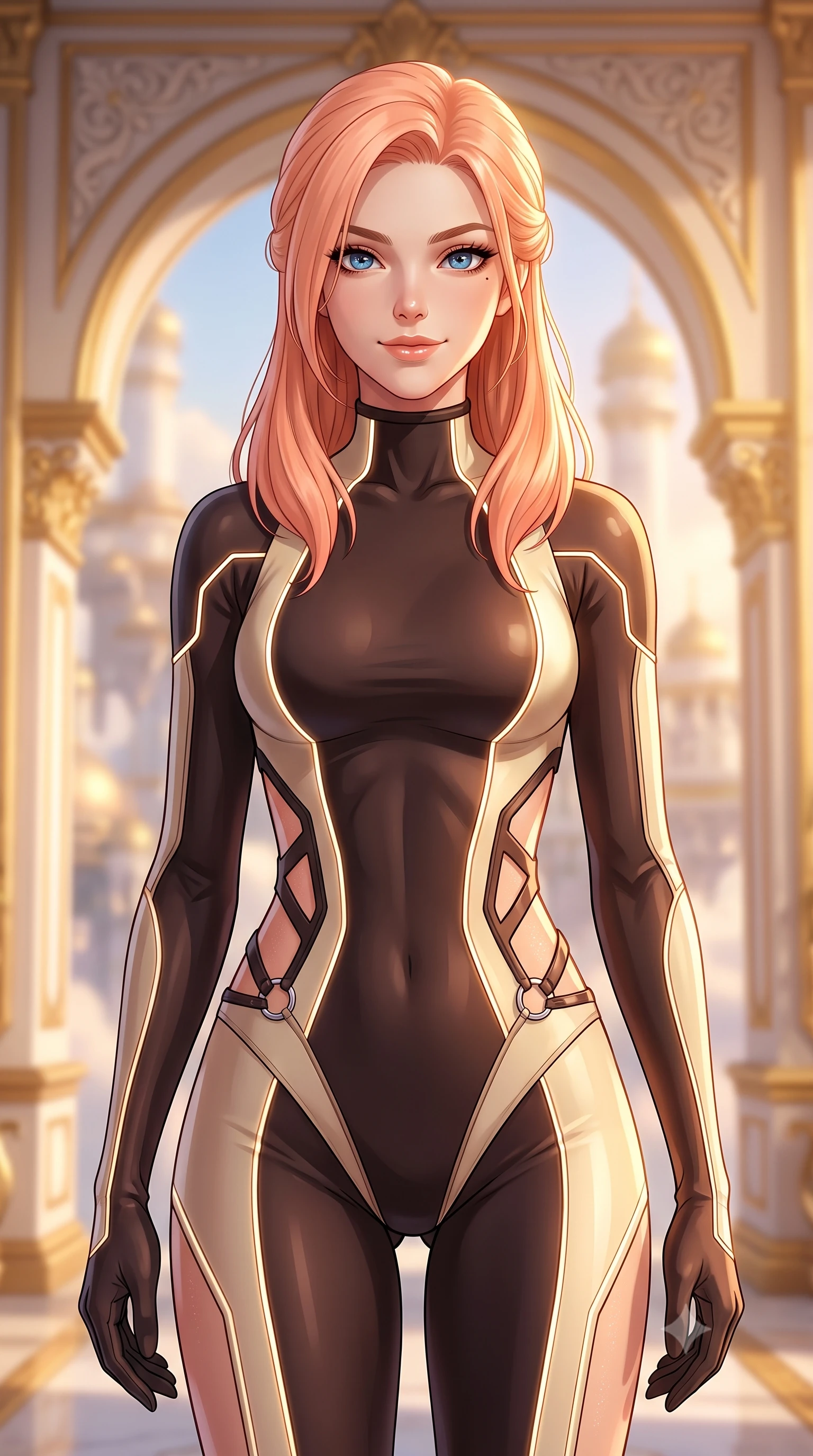 score_9, masterpiece, best quality, ultra-detailed, high-budget anime keyframe, editorial fashion photography, tasteful artistic composition, Japanese woman. close-up cowboy shot from the waist and thighs up, the character dominates the composition, filling the frame with her large presence, background elements kept in soft focus. Smiling with quiet, magnetic self-assurance directly into the lens gazing out at a dreamlike palace archipelago suspended in golden hour light, opulent gold-leaf trim and carved ivory archways framed beautifully. She has an exceptionally elegant, slender, and willowy female figure with an ultra-slim waist, a gracefully sculpted slender torso, and a refined silhouette. sharp v-shaped jawline, high-bridge nose, intricate jewel-like eyes with depth, thick eyelashes, glossy lips with a natural sheen. wearing a skin-tight cybernetic bodysuit with glowing neon seams and side cutouts in espresso brown and warm cream, formed from sleek second-skin neoprene, accented with delicate chrome ring hardware framing her waist, the glove-like fit emphasizing her statuesque silhouette. lit by brilliant warm key light softening into smooth, elegant gradients. highly saturated vibrant anime colors, detailed shading with soft gradients, rich glossy textures, high-contrast stereoscopic depth, volumetric dynamic lighting, master piece, 9:16 ratio