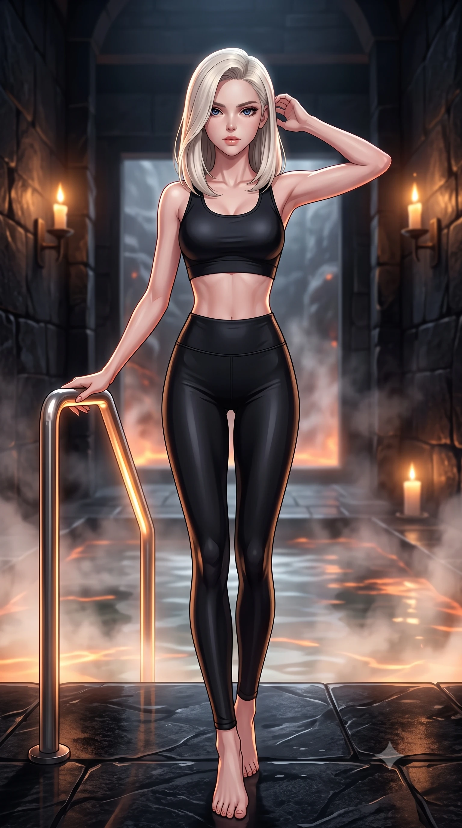score_9, masterpiece, best quality, ultra-detailed, high-budget anime keyframe, editorial fashion photography, tasteful artistic composition, Caucasian woman. low angle full-body shot from head to toe showing her feet, filling the entire 9:16 vertical frame with her statuesque presence, stretching her vertical silhouette. standing in a tall, confident posture with one hand on a glowing metal railing, stretching her statuesque body, the background shows a soft-focus a black basalt pool chamber filled with steaming lava-heated water. She has an absolutely perfect, statuesque 8.5-heads proportion, an exceptionally tall and slender model-like female figure with impossibly long slender legs and an ultra-slim waist. sharp v-shaped jawline, high-bridge nose, intricate jewel-like eyes with depth, thick eyelashes, glossy lips with a natural sheen. wearing a tailored form-fitting athletic crop top and matching high-waisted compression leggings in sleek carbon-black tech fabric. warm flickering candle lights casting dramatic shadows on black stone walls. highly saturated vibrant anime colors, detailed shading with soft gradients, rich glossy textures, high-contrast stereoscopic depth, volumetric dynamic lighting, master piece, 9:16 ratio
