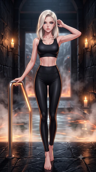 score_9, masterpiece, best quality, ultra-detailed, high-budget anime keyframe, editorial fashion photography, tasteful artistic composition, Caucasian woman. low angle full-body shot from head to toe showing her feet, filling the entire 9:16 vertica