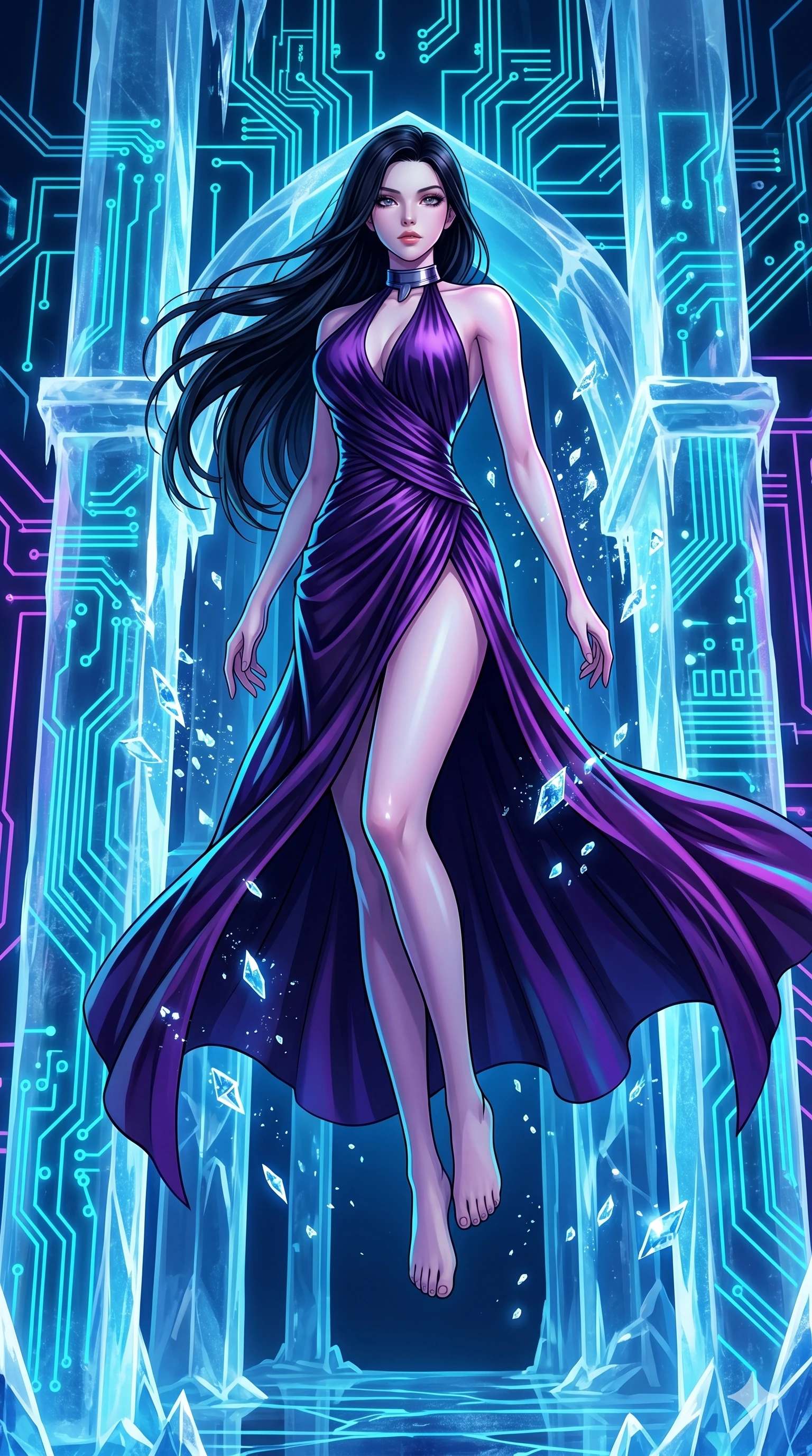score_9, masterpiece, best quality, ultra-detailed, high-budget anime keyframe, Caucasian woman, strictly human ears. low angle full-body shot filling the entire 9:16 frame with her statuesque presence, stretching the vertical silhouette. leaping inside a sub-zero cybernetic ice temple, where glowing neon cyan computer circuit boards are frozen within transparent ice pillars, fracturing ice crystals into sparkles around her. She has an absolutely perfect 8-heads proportion, an exceptionally tall and slender female figure with impossibly long slender legs and an ultra-slim waist. V-shaped jawline, high-bridge nose, intricate jewel-like eyes with depth, thick eyelashes, glossy lips with a natural sheen.. wearing a gothic liquid silk gown, featuring a deep purple liquid silk maxi gown draped around her, secured by a metallic choker collar, with a high side slit. accented by dynamic color-blocked lighting with high-contrast shadows emphasizing her statuesque height. 2k, ultra detail, master piece, 9:16 ratio