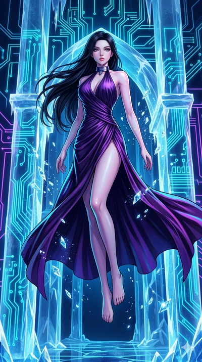 score_9, masterpiece, best quality, ultra-detailed, high-budget anime keyframe, Caucasian woman, strictly human ears. low angle full-body shot filling the entire 9:16 frame with her statuesque presence, stretching the vertical silhouette. leaping ins