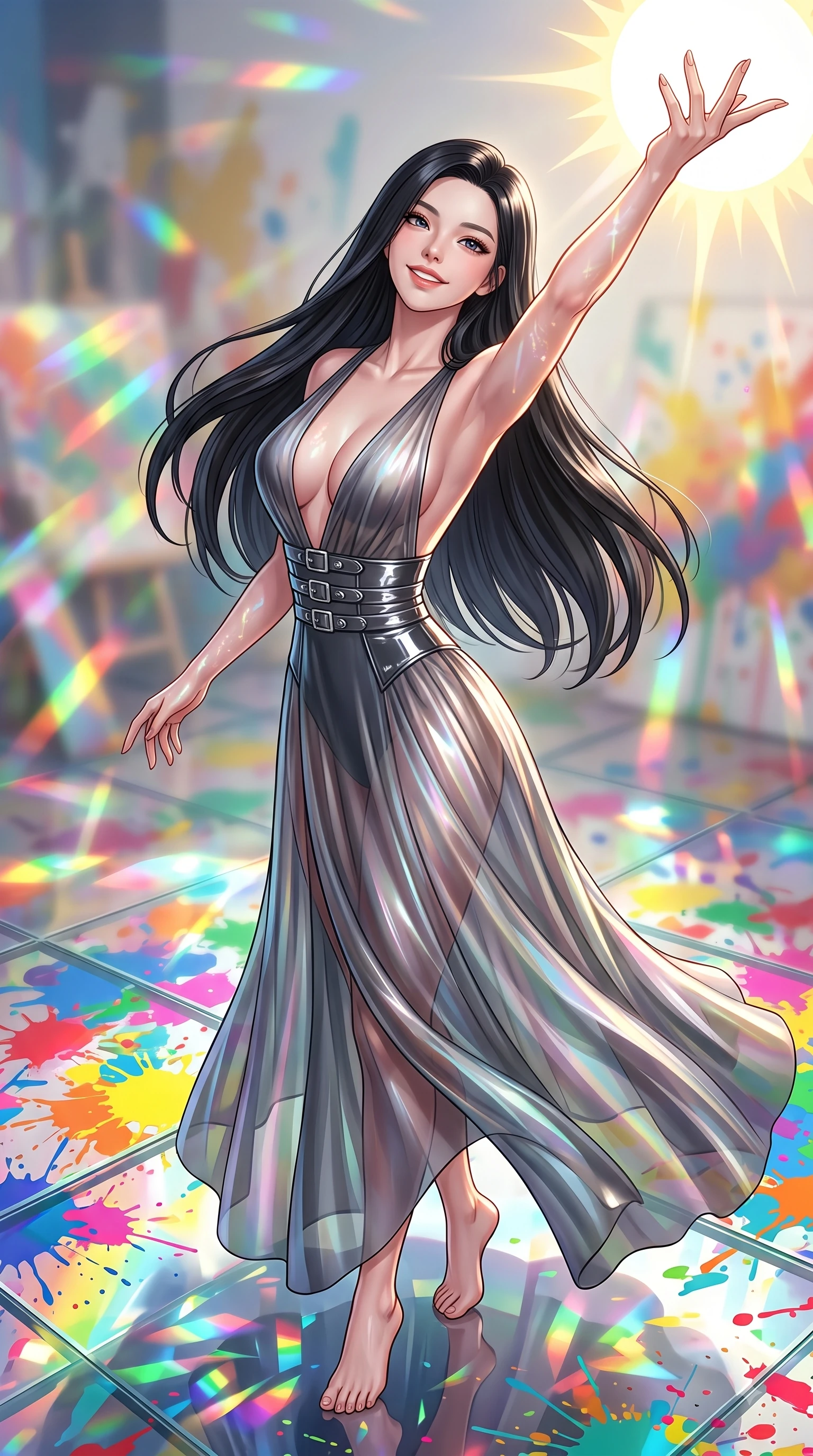 score_9, masterpiece, best quality, ultra-detailed, high-budget anime keyframe, editorial fashion photography, tasteful artistic composition, Korean woman. close-up cowboy shot from the waist and thighs up, the character dominates the composition, filling the frame with her large presence, background elements kept in soft focus. Extending one arm in an elegant stretch toward the sun while smiling with vibrant, magnetic self-assurance while pivoting gracefully on a reflective glass floor drenched in vibrant multi-color paint splashes, a kaleidoscope of refractions forming colorful geometric light patterns on her skin. She has an exceptionally elegant, slender, and willowy female figure with an ultra-slim waist, a gracefully sculpted slender torso, and a refined silhouette. sharp v-shaped jawline, high-bridge nose, intricate jewel-like eyes with depth, thick eyelashes, glossy lips with a natural sheen, flawlessly proportioned anatomical accuracy, natural body alignment, perfectly sculpted elegant limbs, clean dynamic posture without body distortion. wearing a translucent iridescent chiffon gown with a plunging neckline and open back in charcoal grey and platinum, tailored from high-gloss patent leather, detailed with polished silver buckles along the waistline, the form-contouring material highlighting her ultra-slim waist and long lines. bathed in high-contrast vibrant studio lighting with sharp cheerful specular highlights. ultra-reflective glossy finish, specular highlights, metallic sheen, high-contrast stereoscopic depth, volumetric dynamic lighting, 2k, ultra detail, master piece, 9:16 ratio