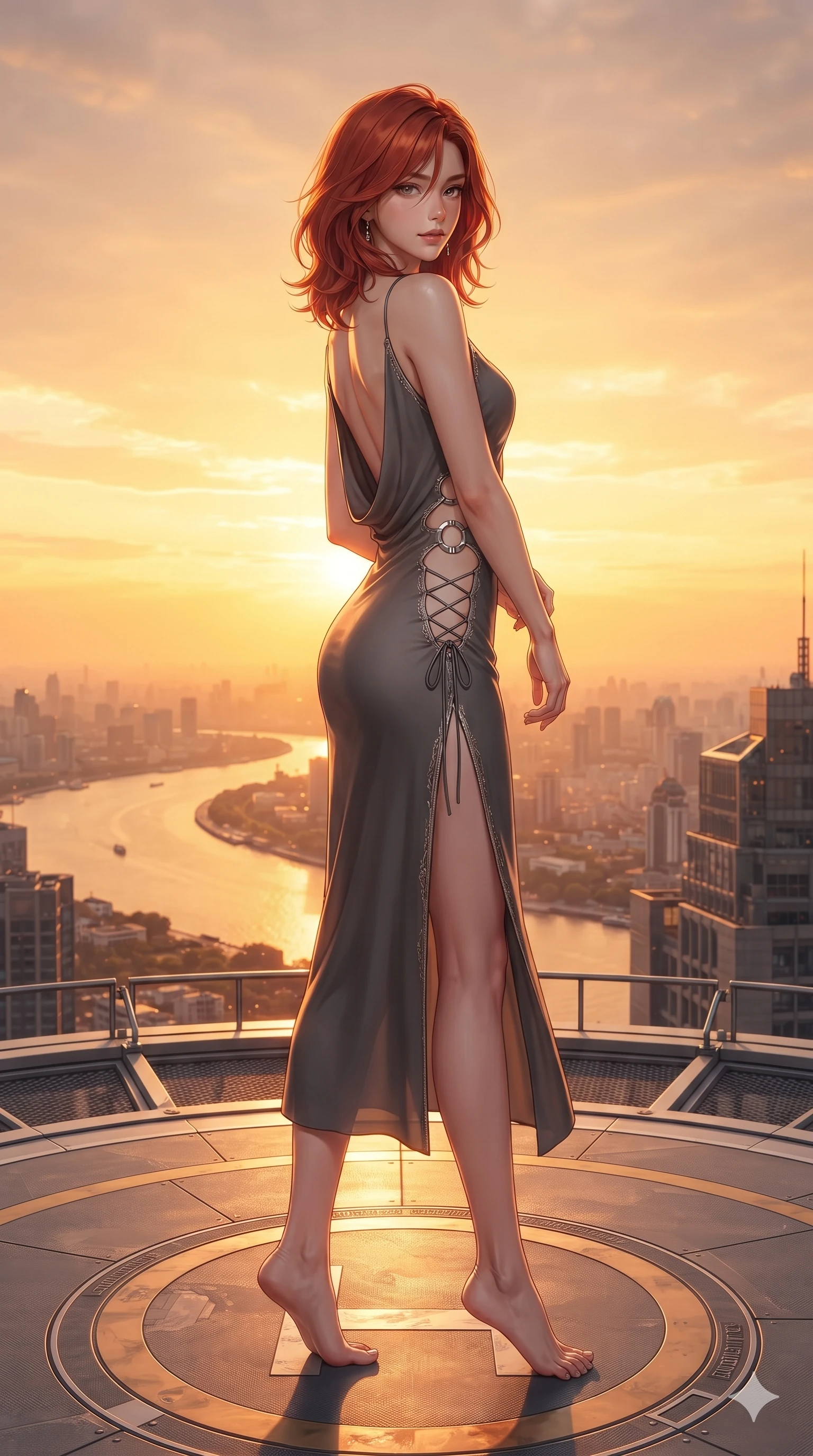score_9, masterpiece, best quality, ultra-detailed, high-budget anime keyframe, editorial fashion photography, tasteful artistic composition, Korean woman. low angle full-body shot from head to toe showing her feet, filling the entire 9:16 vertical frame with her statuesque presence, stretching her vertical silhouette. executing a slow, graceful pivot turn as her silk wrap skirt sways around her slender legs, glancing back with an enchanting, teasing sensual expression while standing poised on the circular rooftop helipad platform, arching her spine with sovereign glamour as the fiery amber sunset washes across the sweeping river curve. The surrounding environment is rendered in vivid detail and crisp panoramic clarity: detailed semi-translucent wrap dress tailoring, fine metallic embroidery, and high-altitude luxury architecture in razor-sharp precision. She has an exceptionally tall and slender model-like 8.5-heads proportion, an ultra-slim waist, a flat toned midriff, narrow delicate ribcage, and beautifully sculpted feminine hips creating a graceful, slim hourglass silhouette without any bulky heaviness, with impossibly long slender legs. sharp v-shaped jawline, high-bridge nose, intricate jewel-like sparkling eyes with depth, thick eyelashes, glossy parted lips with a natural sheen, intensely captivating and seductive bedroom-eyes expression, exuding both youthful cute charm and sovereign luxury allure, flawlessly proportioned anatomical accuracy, strict slender model proportions, natural body alignment, perfectly sculpted long slender limbs, ultra-slim waistline, clean dynamic posture without body distortion. wearing a form-contouring gossamer silk chiffon slip dress with a hip-high slit and open cowl back clinging with dewy moisture in charcoal grey and polished chrome, adorned with delicate chrome ring hardware and cutouts along her slender waist, featuring fine criss-cross lace-up side ties revealing tantalizing glimpses of her hip curve, the precision-cut side openings and low-back scoop framing her graceful spine and the sensual sweep of her slim, toned hips. bathed in the blinding, warm 2200K golden-hour rays of the setting sun casting brilliant specular highlights along her silhouette. ultra-reflective glossy finish, specular highlights, rich textural contrasts, high-contrast stereoscopic depth, volumetric dynamic lighting, 2k, ultra detail, master piece, 9:16 ratio