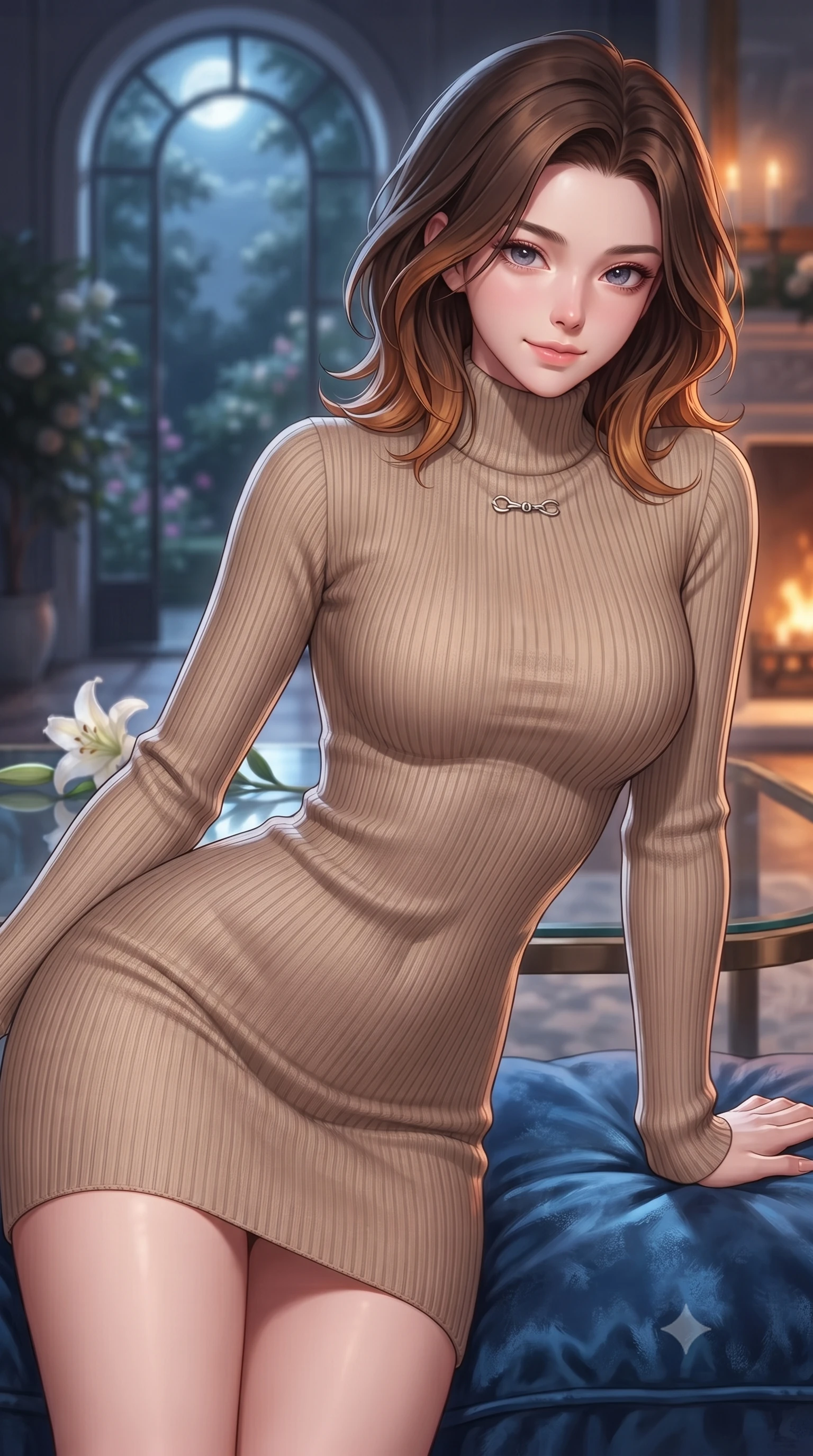 score_9, masterpiece, best quality, ultra-detailed, high-budget anime keyframe, editorial fashion photography, tasteful artistic composition, Korean woman. close-up cowboy shot from the waist and thighs up, the character dominates the composition, filling the frame with her large presence, background elements kept in soft focus. arching her back slightly while resting her elbow on a plush cushion, flashing a soft, sensual half-smile set against a soft-focus background of inside an exclusive moonlit garden terrace with a single long-stemmed white lily resting against a polished glass surface. She has an exceptionally elegant, slender, and willowy female figure with an ultra-slim waist, a gracefully sculpted slender torso, and a refined silhouette. sharp v-shaped jawline, high-bridge nose, intricate jewel-like eyes with depth, thick eyelashes, glossy lips with a natural sheen. wearing body-hugging warm beige ribbed cashmere form-fitting ribbed knit turtleneck dress outlining her slender silhouette accented with delicate silver hardware. bathed in cozy, flickering fireplace light that paints the room in a warm orange wash. highly saturated vibrant anime colors, detailed shading with soft gradients, rich glossy textures, high-contrast stereoscopic depth, volumetric dynamic lighting, master piece, 9:16 ratio