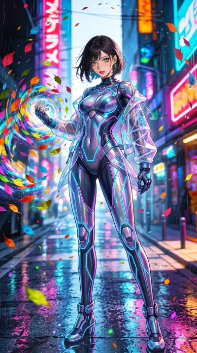 첨부의 캐릭터 얼굴만 유지해, score_9, masterpiece, best quality, ultra-detailed, Set C: High-budget Anime Keyframe, Korean woman. Low angle cowboy shot filling the entire 9:16 frame with her statuesque presence. Summoning a vortex of colorful leaves in a futuris