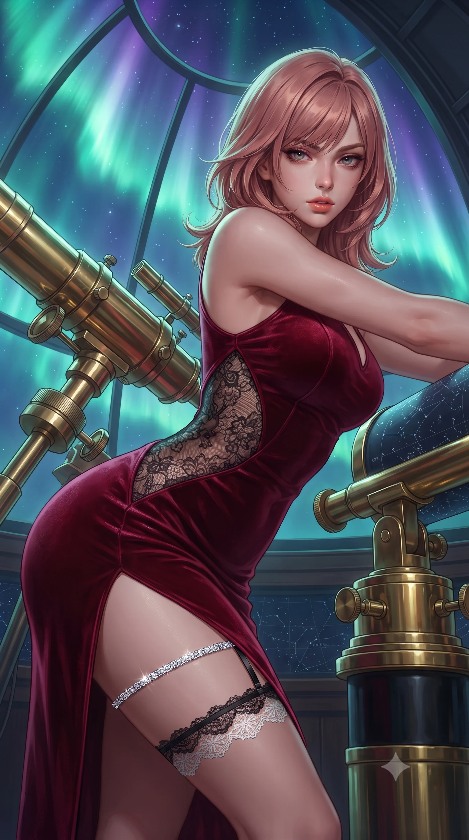 score_9, masterpiece, best quality, ultra-detailed, high-budget anime keyframe, editorial fashion photography, tasteful artistic composition, Japanese woman. close-up cowboy shot from the waist and thighs up, the character dominates the composition, filling the frame with her large presence. leaning forward while arching her lower back to accentuate her curvy hips, looking into the camera with an intoxicating smoldering gaze and bedroom-eyes while leaning against the brass telescope mounting with hips cocked back, looking back with an intoxicating, heavy-lidded gaze. The surrounding environment is rendered in vivid detail and crisp panoramic clarity: sharp polished brass telescope tube reflections, knurled adjustment knobs, and constellation chart engravings in deep focus. She has an exceptionally elegant, slender, and willowy female figure with an ultra-slim waist, flat toned midriff, narrow ribcage, and sculpted feminine hips creating an alluring, slim hourglass silhouette without bulk. sharp v-shaped jawline, high-bridge nose, sparkling eyes with hypnotic seductive depth, thick curled eyelashes, glossy parted lips with a natural dewy peach sheen, alluring bedroom-eyes with an enchanting coquettish smile, exuding magnetic siren charisma and sophisticated glamour, flawlessly proportioned anatomical accuracy, strict slender model proportions, natural body alignment, perfectly sculpted long slender limbs, ultra-slim waistline, clean dynamic posture without body distortion. wearing a form-contouring deep crimson velvet bodycon gown with a daring hip-high slit and sheer black lace side cutouts in high-contrast minimalist monochrome black and pure alabaster white, woven from buttery-soft stretch lambskin leather adhering to her body like a second skin, finished with delicate crystal-encrusted thigh garter straps glinting under the lights, the glove-like clinging cut tightly following the natural contour of her hips and long slender legs with youthful 8.5-heads elegance. bathed in the glowing emerald and violet luminescence of the aurora borealis overhead. ultra-reflective glossy finish, specular highlights, rich textural contrasts, high-contrast stereoscopic depth, volumetric dynamic lighting, 2k, ultra detail, master piece, 9:16 ratio