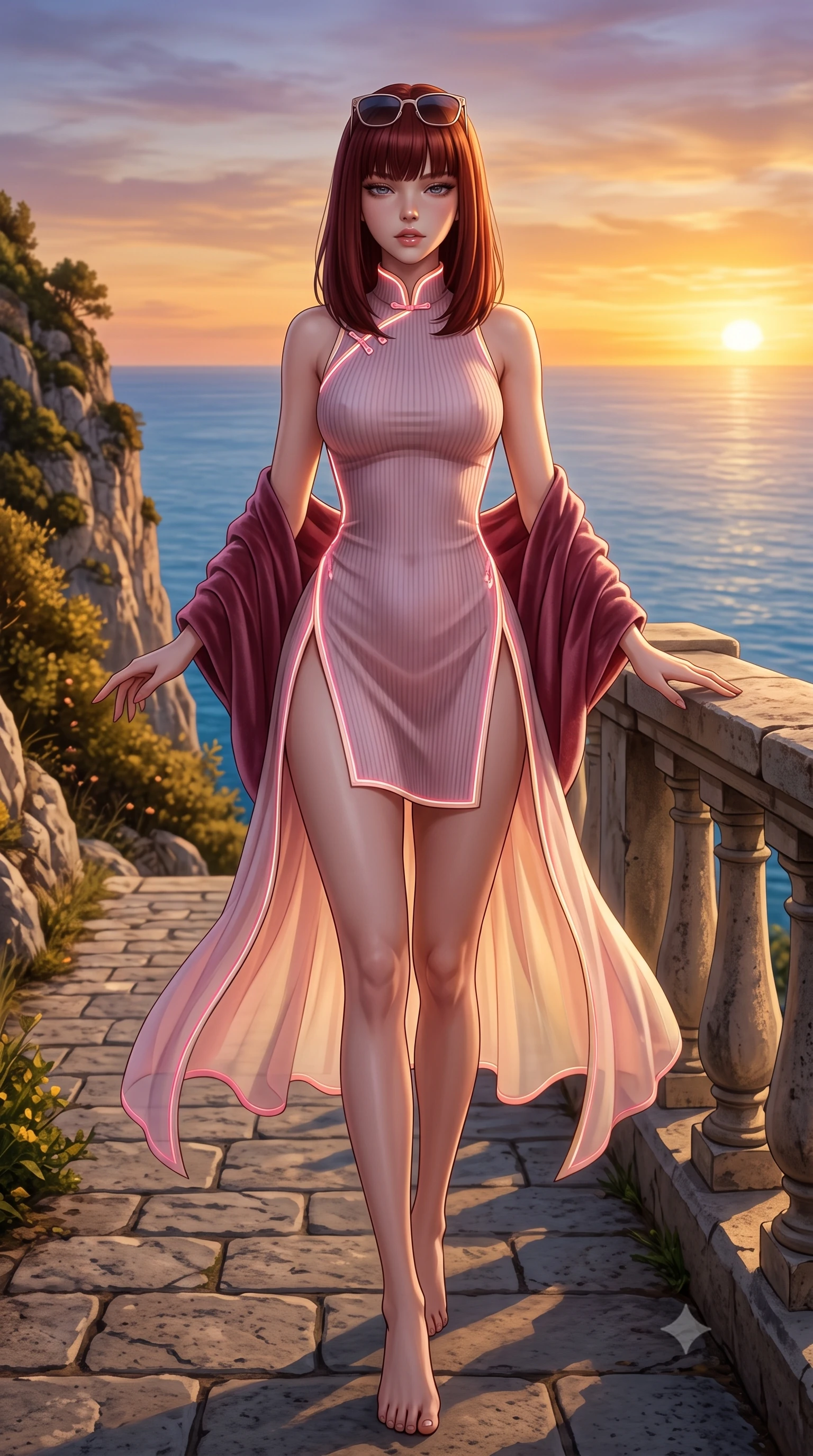 score_9, masterpiece, best quality, ultra-detailed, high-budget anime keyframe, semi-realistic 3D game render, editorial fashion photography, tasteful artistic composition, Caucasian woman. low angle full-body shot from head to toe showing her feet, filling the entire 9:16 vertical frame with her statuesque presence, stretching her vertical silhouette. striding forward in a proud supermodel runway stride, hips swaying in an alluring kinetic rhythm that accentuates her curvy hourglass silhouette while resting both hands against the stone cliffside railing overlooking the azure Mediterranean, her tight knit dress highlighting her sculpted slim hips in the breeze. The surrounding environment is rendered in vivid detail and crisp panoramic clarity. detailed knit dress ribbed textures, designer sunglasses reflections, and cliffside vegetation in high clarity. She has an exceptionally tall and slender model-like 8.5-heads proportion, an ultra-slim waist, a flat toned midriff, narrow delicate ribcage, and beautifully sculpted feminine hips creating a graceful, slim hourglass silhouette without any bulky heaviness, with impossibly long slender legs. sharp v-shaped jawline, high-bridge nose, intricate jewel-like eyes with depth, thick eyelashes, glossy parted lips with a natural sheen, intensely captivating and seductive bedroom-eyes expression, flawlessly proportioned anatomical accuracy, strict slender model proportions, natural body alignment, perfectly sculpted long slender limbs, ultra-slim waistline, clean dynamic posture without body distortion. wearing a modernized cyber-qipao mini dress with an ultra-high side slit ascending to the hip and glowing piping in sakura blossom pink and warm ivory, woven from layered gossamer chiffon with a weightless sweeping drape, complemented by a plush velvet shawl draped loosely over her elbows, the precision-cut side openings and low-back scoop framing her graceful spine and the sensual sweep of her slim, toned hips. bathed in glorious golden hour Mediterranean sunset backlighting and warm amber road fill. highly saturated vibrant anime colors, detailed shading with soft gradients, rich glossy textures, high-contrast stereoscopic depth, volumetric dynamic lighting, master piece, 9:16 ratio