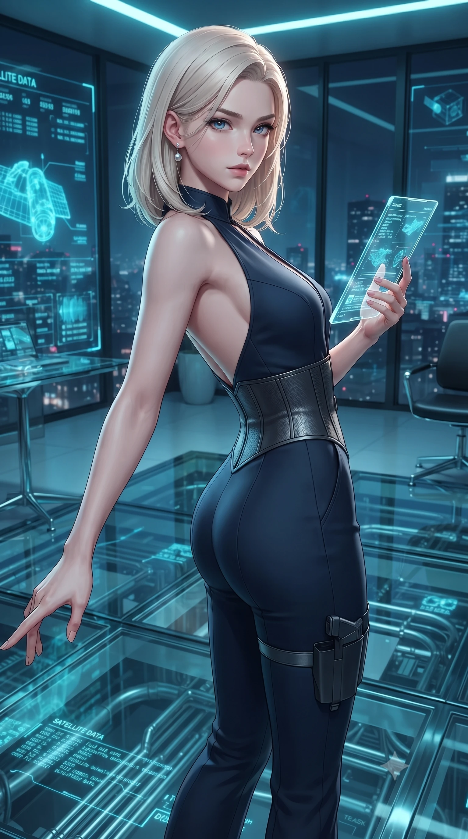 score_9, masterpiece, best quality, ultra-detailed, high-budget anime keyframe, editorial fashion photography, tasteful artistic composition, Caucasian woman. close-up cowboy shot from the waist and thighs up, the character dominates the composition, filling the frame with her large presence. extending one slender arm gracefully toward the foreground while casting an affectionate, mesmerizing glance while arching her spine in a fluid stretch while reviewing encrypted satellite telemetry data with a calm, intellectual expression. The surrounding environment is rendered in vivid detail and crisp panoramic clarity. crystal-clear transparent glass floor panels, glowing holographic typography, and chrome furniture joints in deep focus. She has an exceptionally elegant, slender, and willowy female figure with an ultra-slim waist, a gracefully sculpted slender torso, toned flat midriff, and a refined slim silhouette. sharp v-shaped jawline, high-bridge nose, intricate jewel-like eyes with depth, thick eyelashes, glossy lips with a natural sheen, captivating and magnetic expression, flawlessly proportioned anatomical accuracy, strict slender model proportions, natural body alignment, perfectly sculpted long slender limbs, ultra-slim waistline, clean dynamic posture without body distortion. wearing a high-society undercover halter-neck jumpsuit with a tailored deep-V back and integrated tactical waist cincher in deep midnight blue and brushed gunmetal, tailored from fluid silk crepe with inner ballistic reinforcement, accessorized with a sleek concealed garter holster and pearl ear transmitter edition #27, the glove-like aerodynamic second-skin fit tightly clinging to her ultra-slender waist and athletic curves without adding bulk, accentuating her razor-sharp statuesque lines and slim hourglass silhouette. bathed in ambient cyan and ice-blue holographic screen glow combined with midnight city skylight. ultra-reflective glossy finish, specular highlights, rich textural contrasts, high-contrast stereoscopic depth, volumetric dynamic lighting, 2k, ultra detail, master piece, 9:16 ratio