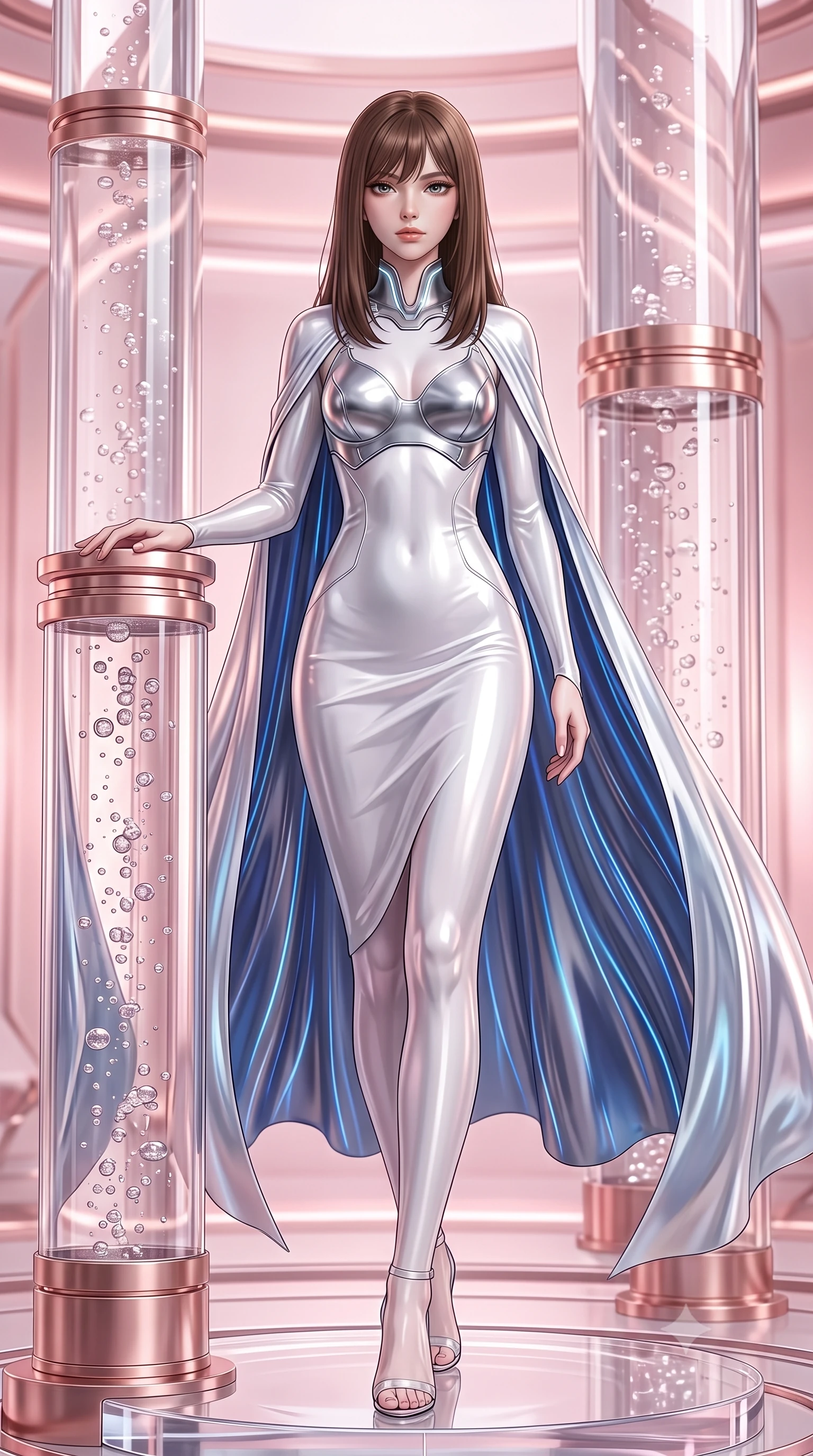 score_9, masterpiece, best quality, ultra-detailed, high-budget anime keyframe, semi-realistic 3D game render, editorial fashion photography, tasteful artistic composition, Korean woman. low angle full-body shot from head to toe showing her feet, filling the entire 9:16 vertical frame with her statuesque presence, stretching her vertical silhouette. striding forward with commanding supermodel grace, her 8.5-heads statuesque silhouette dominating the vertical frame from head to toe while resting one hand on the polished crystal glass with a serene, newly-awakened goddess gaze looking directly into the camera. The surrounding environment is rendered in vivid detail and crisp panoramic clarity. intricate crystal glass cylinder seams, nano-fluid bubble textures, and rose-gold metal fittings in deep focus. She has an absolutely perfect, statuesque 8.5-heads proportion, an exceptionally tall and slender model-like female figure with impossibly long slender legs, a toned flat midriff, and an ultra-slim waist. sharp v-shaped jawline, high-bridge nose, intricate jewel-like eyes with depth, thick eyelashes, glossy lips with a natural sheen, flawlessly proportioned anatomical accuracy, strict slender model proportions, natural body alignment, perfectly sculpted long slender limbs, ultra-slim waistline, clean dynamic posture without body distortion. wearing a form-contouring white liquid-mercury gown with polished silver biomechanical breastplate and flowing luminescent chiffon cape in liquid platinum silver and deep sapphire blue LED filaments, crafted from ultra-reflective second-skin liquid metal with a mirror-like polish, featuring a sleek aerodynamic collar framed by subtle glowing cybernetic accents, the glove-like aerodynamic second-skin fit tightly clinging to her ultra-slender waist and athletic curves without adding bulk, accentuating her razor-sharp statuesque lines and slim hourglass silhouette. bathed in soft glowing rose-gold and pink nanotech ambient radiance with pure white key lighting. rich saturated anime colors with glowing neon highlights, detailed shading with soft gradients, rich glossy textures, high-contrast stereoscopic depth, volumetric dynamic lighting, master piece, 9:16 ratio