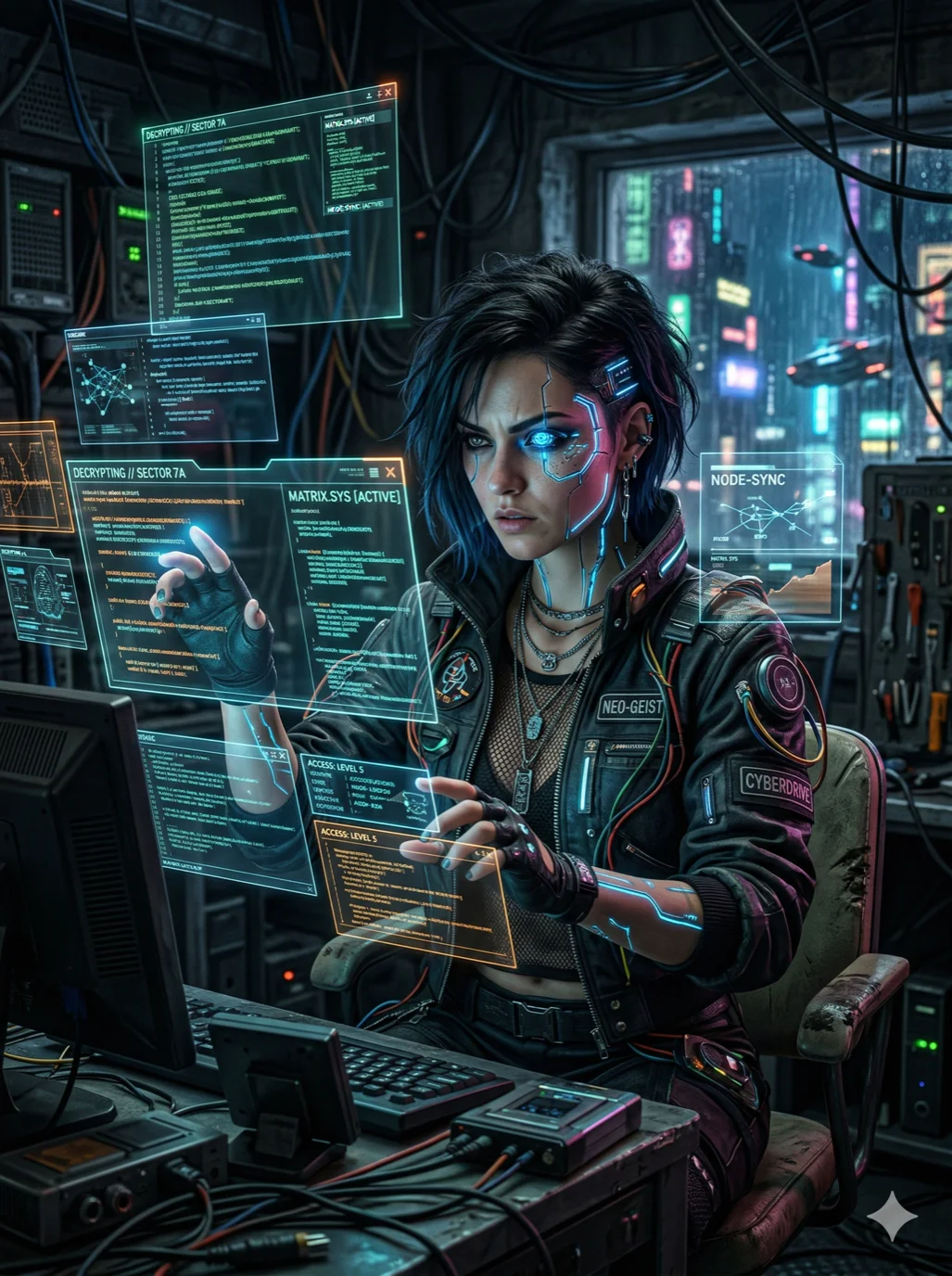 A gorgeous cyberpunk hacker with glowing cybernetic implants, surrounded by floating data screens, 2k, ultra detail, master piece, 3:4 ratio