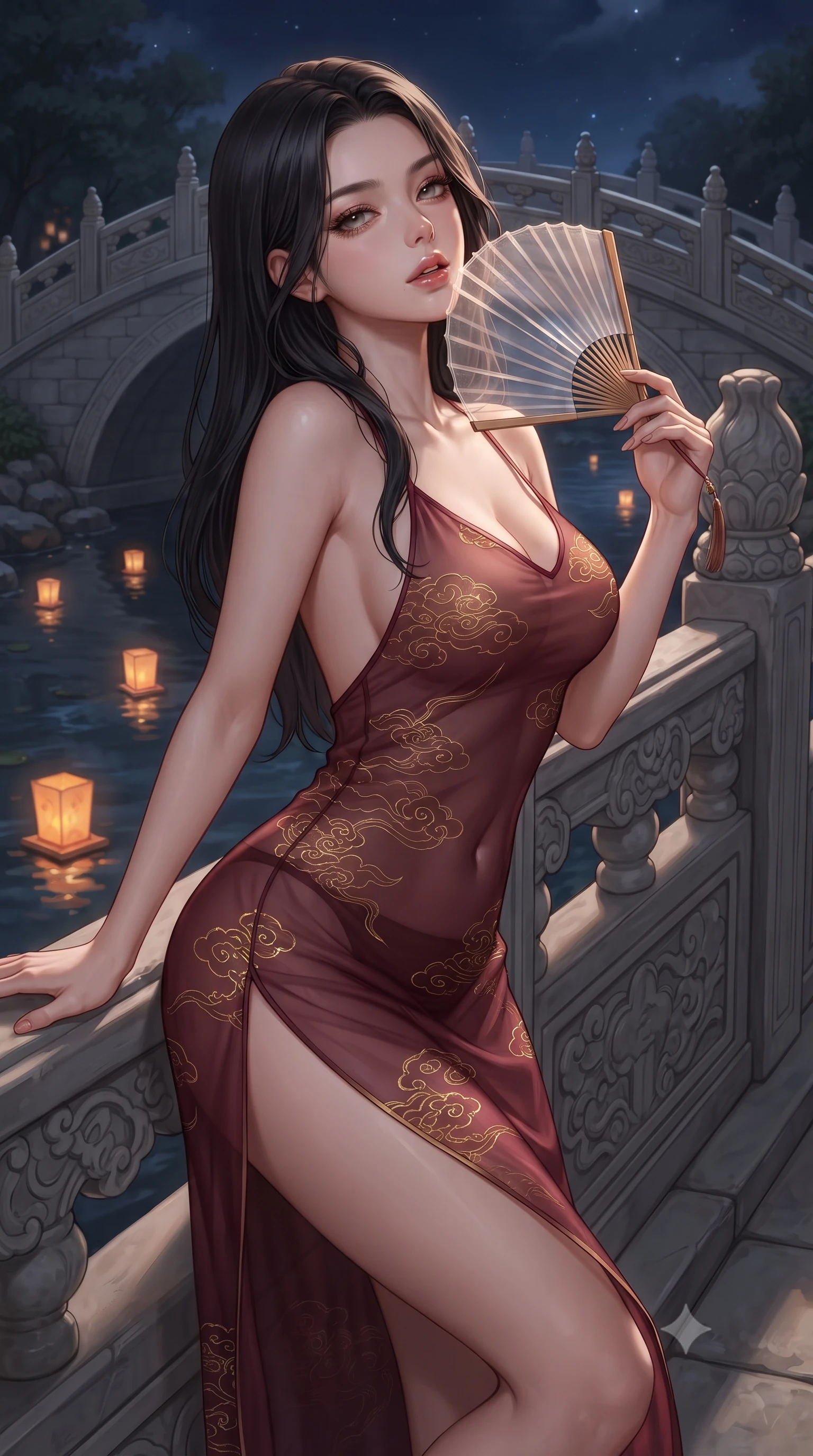 score_9, masterpiece, best quality, ultra-detailed, high-budget anime keyframe, editorial fashion photography, tasteful artistic composition, Korean woman. close-up cowboy shot from the waist and thighs up, the character dominates the composition, filling the frame with her large presence. leaning back against the balustrade with relaxed seductive grace, head tilted back slightly while casting a hypnotic, heavy-lidded gaze while leaning against the carved stone bridge balustrade with hips cocked back, looking into the camera with an irresistible bedroom-gaze. The surrounding environment is rendered in vivid detail and crisp panoramic clarity: detailed sheer silk garment weave, sparkling eyes with athletic depth, and classic bridge relief in razor-sharp precision. She has an exceptionally elegant, slender, and willowy female figure with an ultra-slim waist, flat toned midriff, narrow ribcage, and sculpted feminine hips creating an alluring, slim hourglass silhouette without bulk. sharp v-shaped jawline, high-bridge nose, sparkling eyes with hypnotic seductive depth, thick curled eyelashes, glossy parted lips with a natural dewy peach sheen, alluring bedroom-eyes with an enchanting coquettish smile, exuding magnetic siren charisma and sophisticated glamour, flawlessly proportioned anatomical accuracy, strict slender model proportions, natural body alignment, perfectly sculpted long slender limbs, ultra-slim waistline, clean dynamic posture without body distortion. wearing a backless embroidered silk satin slip dress with traditional cloud motifs contouring her narrow waist and curvy hips in smoky bordeaux wine and gilded bronze, made of sheer gossamer chiffon that drapes softly against skin with airy translucence, finished with a transparent silk folding fan held gracefully near her glossy parted lips, the second-skin tailored fabric adhering flawlessly to her sculpted flat midriff and slender torso, emphasizing her long leg lines and perfectly proportioned willowy build. bathed in radiant celestial moonlight combined with floating candle lantern glows from the stream. ultra-reflective glossy finish, specular highlights, rich textural contrasts, high-contrast stereoscopic depth, volumetric dynamic lighting, 2k, ultra detail, master piece, 9:16 ratio