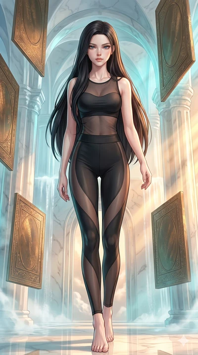 score_9, masterpiece, best quality, ultra-detailed, high-budget anime keyframe, Japanese woman. low angle full-body shot filling the entire 9:16 frame with her statuesque presence, stretching the vertical silhouette. wandering through a mirage cloud 