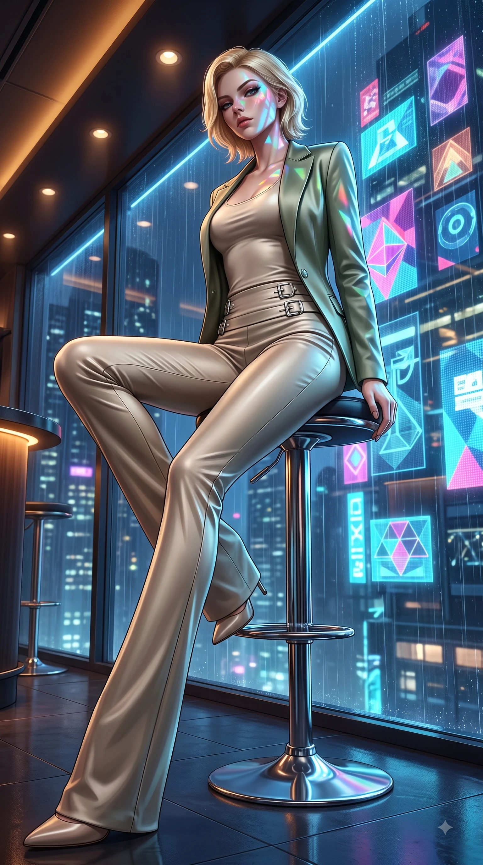 score_9, masterpiece, best quality, ultra-detailed, high-budget anime keyframe, editorial fashion photography, tasteful artistic composition, Caucasian woman. low angle full-body shot from head to toe showing her feet, filling the entire 9:16 vertical frame with her statuesque presence, stretching her vertical silhouette. forging dynamically through the scene with her long slender legs and ultra-slim waist creating a sweeping curve while perched on a sleek chrome barstool in a futuristic sky-lounge overlooking rain-slicked city streets, holographic advertisements casting dynamic geometric light patterns on her form. She has an absolutely perfect, statuesque 8.5-heads proportion, an exceptionally tall and slender model-like female figure with impossibly long slender legs and an ultra-slim waist. sharp v-shaped jawline, high-bridge nose, intricate jewel-like eyes with depth, thick eyelashes, glossy lips with a natural sheen, flawlessly proportioned anatomical accuracy, natural body alignment, perfectly sculpted elegant limbs, clean dynamic posture without body distortion. wearing a tailored silk blazer over a form-contouring scoop-neck top and slacks in sage green and oatmeal, crafted from lustrous satin jersey with fluid draping, detailed with polished silver buckles along the waistline, the sleek second-skin texture accentuating her magnetic presence. illuminated by warm indoor bar amber light and cool rainy blue neon rim light. ultra-reflective glossy finish, specular highlights, metallic sheen, high-contrast stereoscopic depth, volumetric dynamic lighting, 2k, ultra detail, master piece, 9:16 ratio