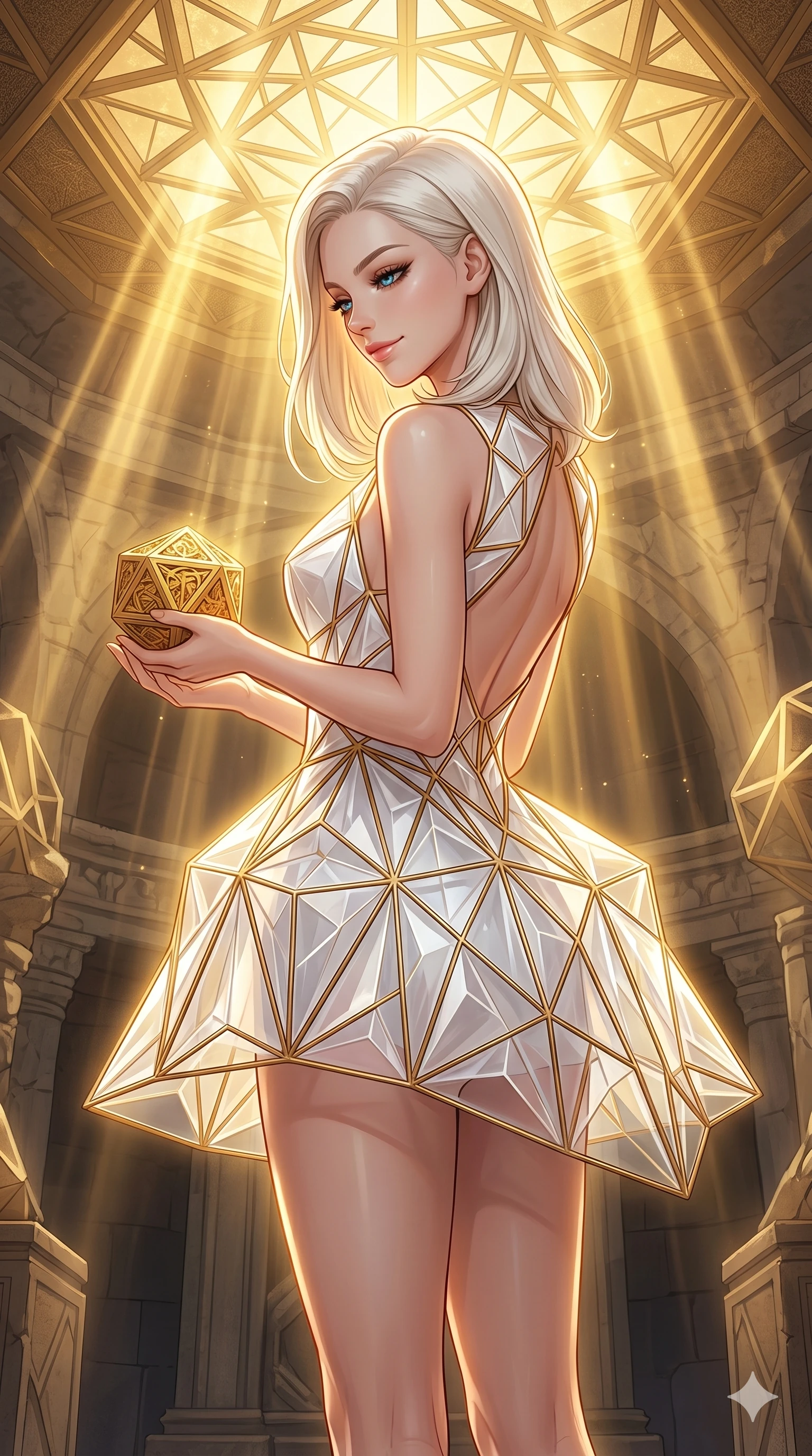 score_9, masterpiece, best quality, ultra-detailed, high-budget anime keyframe, editorial fashion photography, tasteful artistic composition, Caucasian woman, strictly human ears. cowboy shot from the thighs up, character and outfit filling the frame for maximum editorial presence. holding a small golden polyhedron, looking down with a serene and powerful smile inside a mathematical temple with golden geometric ceiling patterns (Code-P16-069). She has an absolutely perfect 8-heads proportion, an exceptionally tall and slender female figure with impossibly long slender legs and an ultra-slim waist. V-shaped jawline, high-bridge nose, intricate jewel-like eyes with depth, thick eyelashes, glossy lips with a natural sheen. wearing a crystalline structured white mini-dress with gold wire frames and open back. brilliant golden rays from the ceiling, creating a warm glowing aura on her silhouette. 2k, ultra detail, master piece, 9:16 ratio