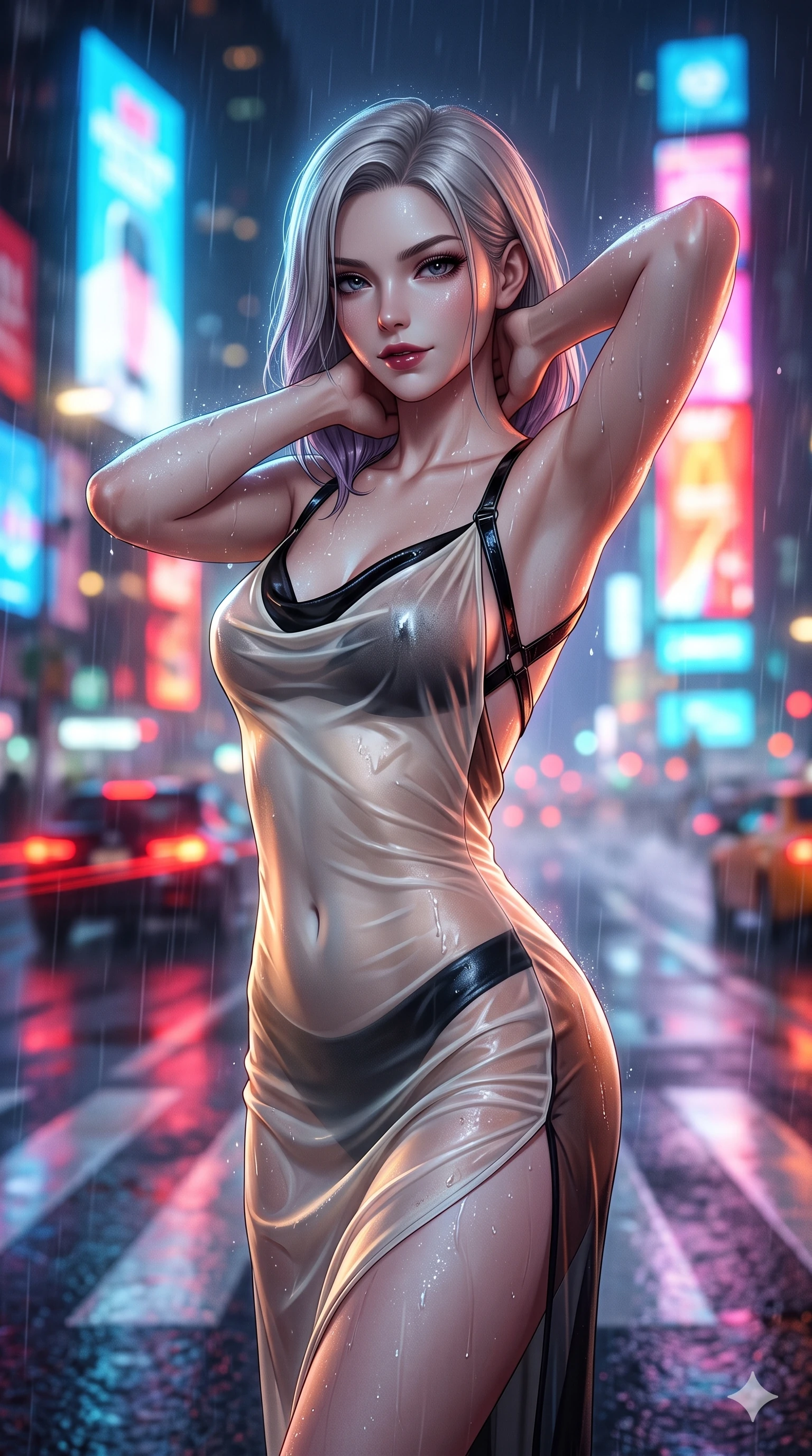 score_9, masterpiece, best quality, ultra-detailed, high-budget anime keyframe, semi-realistic 3D game render, editorial fashion photography, tasteful artistic composition, Caucasian woman. close-up cowboy shot from the waist and thighs up, the character dominates the composition, filling the frame with her large presence. resting both hands lightly behind her neck with elbows raised, arching her spine to highlight her narrow waist, flat midriff, and breathtaking collarbones while twisting her slender torso in an alluring S-curve beneath the neon glare, wet fabric clinging to her flat midriff and hourglass curves. The background shows a soft-focus towering neon LED video screens, streaking red car taillights, and wet pedestrian crosswalk blurred into scarlet, cyan, and amber bokeh. She has an exceptionally elegant, slender, and willowy female figure with an ultra-slim waist, flat toned midriff, narrow ribcage, and sculpted feminine hips creating an alluring, slim hourglass silhouette without bulk. sharp v-shaped jawline, high-bridge nose, intricate jewel-like dark sparkling eyes with dangerous depth, thick curled eyelashes, glossy parted lips with a rich wine sheen, smoldering seductive half-smile with bedroom-eyes, exuding effortless superiority and intoxicating dark allure, flawlessly proportioned anatomical accuracy, strict slender model proportions, natural body alignment, perfectly sculpted long slender limbs, ultra-slim waistline, clean dynamic posture without body distortion. wearing a form-contouring gossamer silk chiffon slip dress with a hip-high slit and open cowl back clinging with rain-dew in celestial champagne ivory and high-gloss jet black, crafted from semi-sheer pleated silk chiffon layered over an opaque second-skin underlayer, featuring an open-back criss-cross harness strap in patent black leather, the bespoke structured tailoring following the natural line of her 8.5-heads silhouette with refined elegance. bathed in multi-colored cybernetic neon floods shifting between cobalt blue, hot pink, and radiant amber. highly saturated vibrant anime colors, detailed shading with soft gradients, rich glossy textures, high-contrast stereoscopic depth, volumetric dynamic lighting, master piece, 9:16 ratio