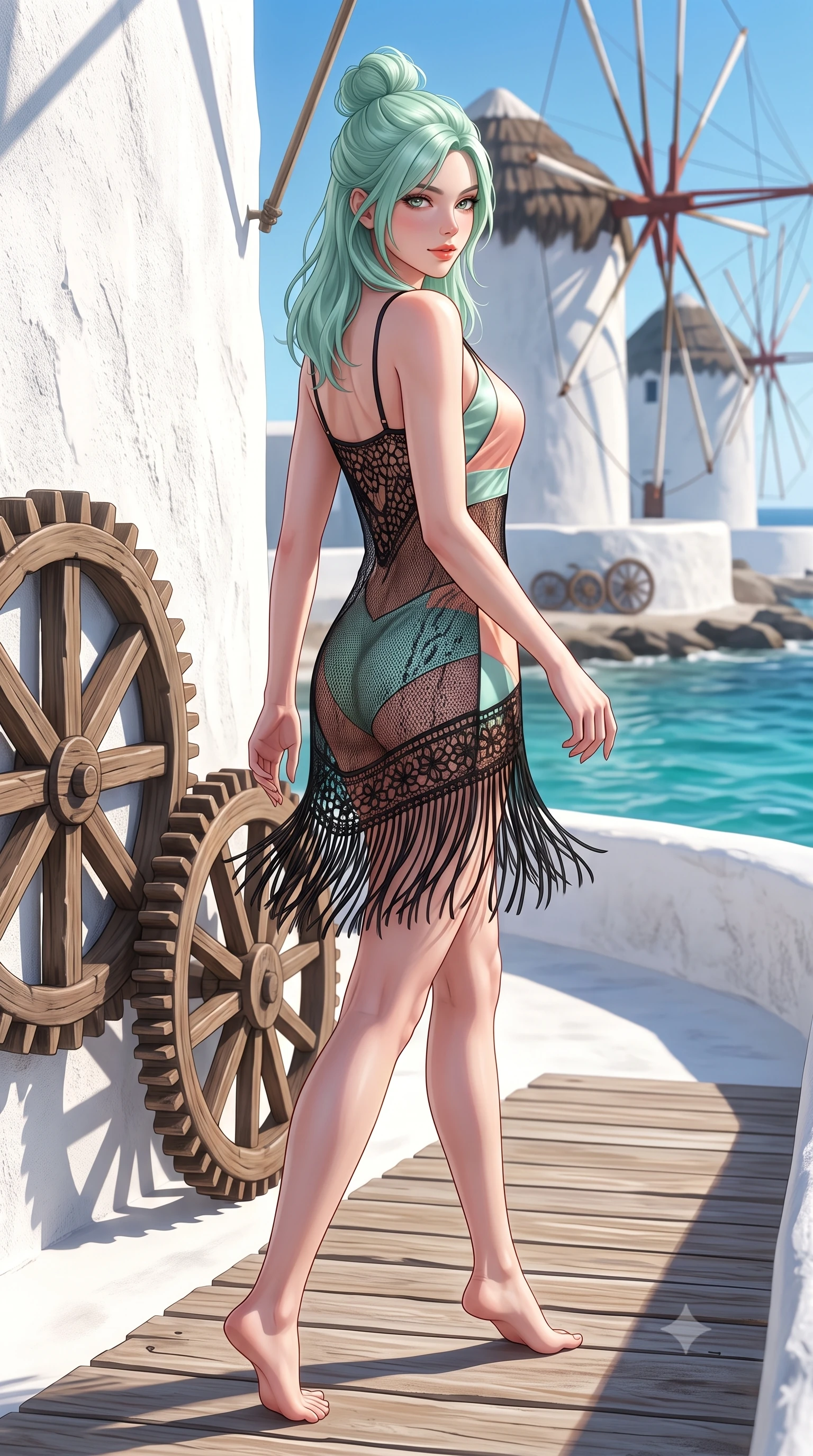 score_9, masterpiece, best quality, ultra-detailed, high-budget anime keyframe, semi-realistic 3D game render, editorial fashion photography, tasteful artistic composition, Japanese woman. low angle full-body shot from head to toe showing her feet, filling the entire 9:16 vertical frame with her statuesque presence, stretching her vertical silhouette. walking along the terrace with poise, looking back over her bare shoulder with an irresistible smoldering bedroom-gaze while standing tall on the whitewashed boardwalk beside the historic windmills, arching her spine with effortless Aegean supermodel grace. The surrounding environment is rendered in vivid detail and crisp panoramic clarity: sharp stucco whitewash wall texture, rustic wooden windmill gear wheels, and turquoise sea foam clarity in deep focus. She has an absolutely perfect, statuesque 8.5-heads proportion, an exceptionally tall and slender model-like female figure with impossibly long slender legs, an ultra-slim waist, a flat toned midriff, narrow delicate ribcage, and beautifully sculpted feminine hips creating a graceful, slim hourglass silhouette without any bulky heaviness. sharp v-shaped jawline, high-bridge nose, sparkling eyes with hypnotic seductive depth, thick curled eyelashes, glossy parted lips with a natural dewy peach sheen, alluring bedroom-eyes with an enchanting coquettish smile, exuding magnetic siren charisma and sophisticated glamour, flawlessly proportioned anatomical accuracy, strict slender model proportions, natural body alignment, perfectly sculpted long slender limbs, ultra-slim waistline, clean dynamic posture without body distortion. wearing a sheer black gauze fringe slip dress worn over a liquid satin undergarment, hugging her flat midriff and hips in pastel peach blossom and Aegean seafoam green, made of delicate semi-sheer crochet lace with intricate openwork floral knit, finished with a delicate leather fringe trim fluttering along her hip line with kinetic charm, the glove-like clinging cut tightly following the natural contour of her hips and long slender legs with youthful 8.5-heads elegance. bathed in brilliant Grecian afternoon sunlight bouncing off whitewashed stone surfaces. highly saturated vibrant anime colors, detailed shading with soft gradients, rich glossy textures, high-contrast stereoscopic depth, volumetric dynamic lighting, master piece, 9:16 ratio
