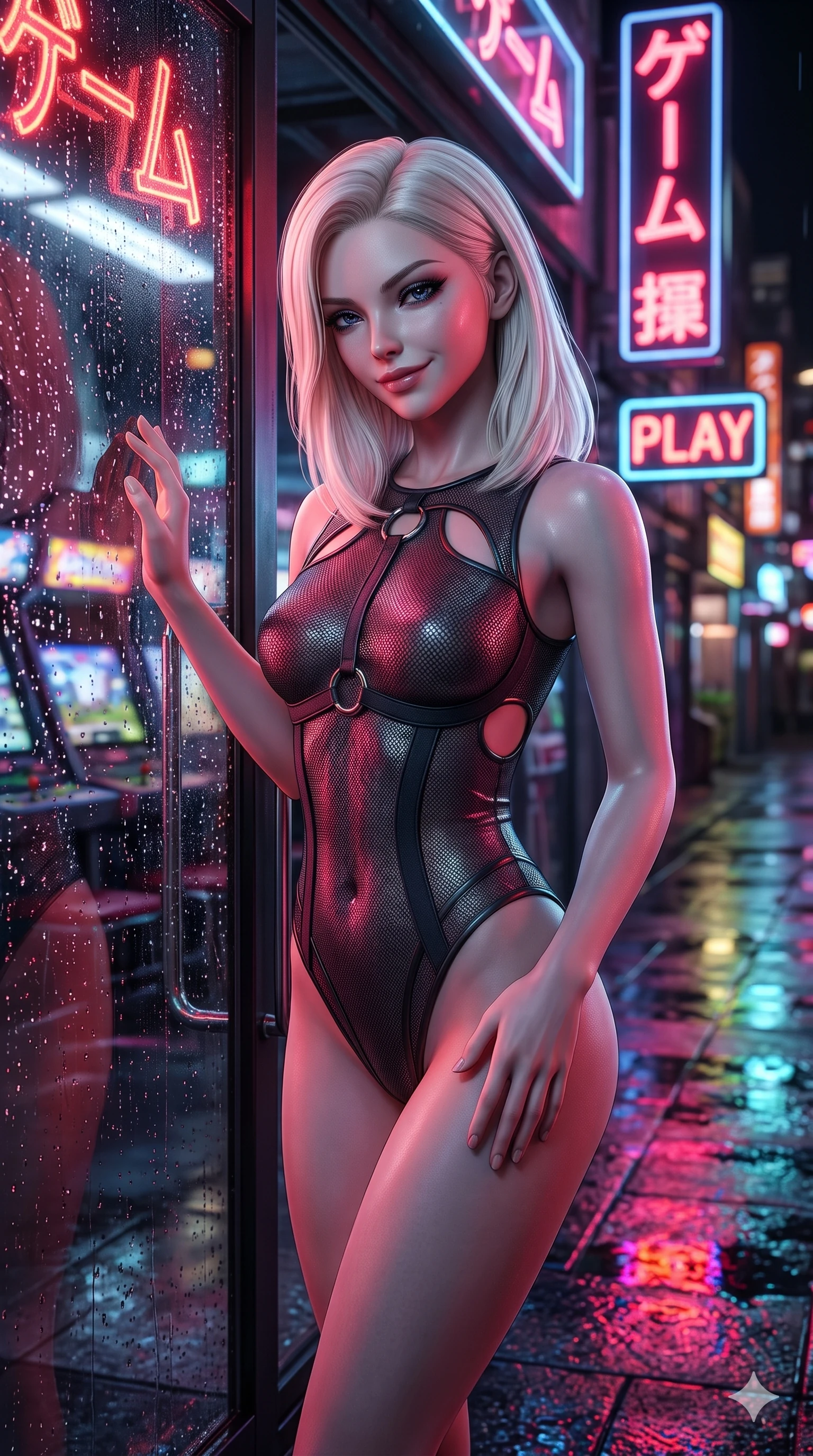 score_9, masterpiece, best quality, ultra-detailed, high-budget anime keyframe, semi-realistic 3D game render, editorial fashion photography, tasteful artistic composition, Caucasian woman. close-up cowboy shot from the waist and thighs up, the character dominates the composition, filling the frame with her large presence. tilting her head with a teasing half-smile, running one hand slowly down the side of her hip in a flirtatious S-curve as ambient neon caresses her silhouette while leaning against the wet arcade glass entrance beneath glowing anime neon signs, head tilted with a playful, flirtatious smile. The surrounding environment is rendered in vivid detail and crisp panoramic clarity: sharp neon glass tube lettering, rain droplet beads on entrance glass, and wet pavement reflection clarity in deep focus. She has an exceptionally elegant, slender, and willowy female figure with an ultra-slim waist, flat toned midriff, narrow ribcage, and sculpted feminine hips creating an alluring, slim hourglass silhouette without bulk. sharp v-shaped jawline, high-bridge nose, intricate jewel-like dark sparkling eyes with dangerous depth, thick curled eyelashes, glossy parted lips with a rich wine sheen, smoldering seductive half-smile with bedroom-eyes, exuding effortless superiority and intoxicating dark allure, flawlessly proportioned anatomical accuracy, strict slender model proportions, natural body alignment, perfectly sculpted long slender limbs, ultra-slim waistline, clean dynamic posture without body distortion. wearing a delicate semi-translucent wet-look mesh bodysuit clinging sheerly to her sculpted torso and hip curves in wet asphalt charcoal and neon magenta reflections, woven from bespoke high-density barathea wool with refined ceremonial hold, accented with sculptural chrome hardware rings framing the subtle cutouts, the form-contouring cut accentuating her sculpted flat midriff, narrow delicate ribcage, and gracefully curvy hips with intoxicating allure. bathed in ultra-saturated rainbow neon glow from illuminated signboards and video screens. highly saturated vibrant anime colors, detailed shading with soft gradients, rich glossy textures, high-contrast stereoscopic depth, volumetric dynamic lighting, master piece, 9:16 ratio